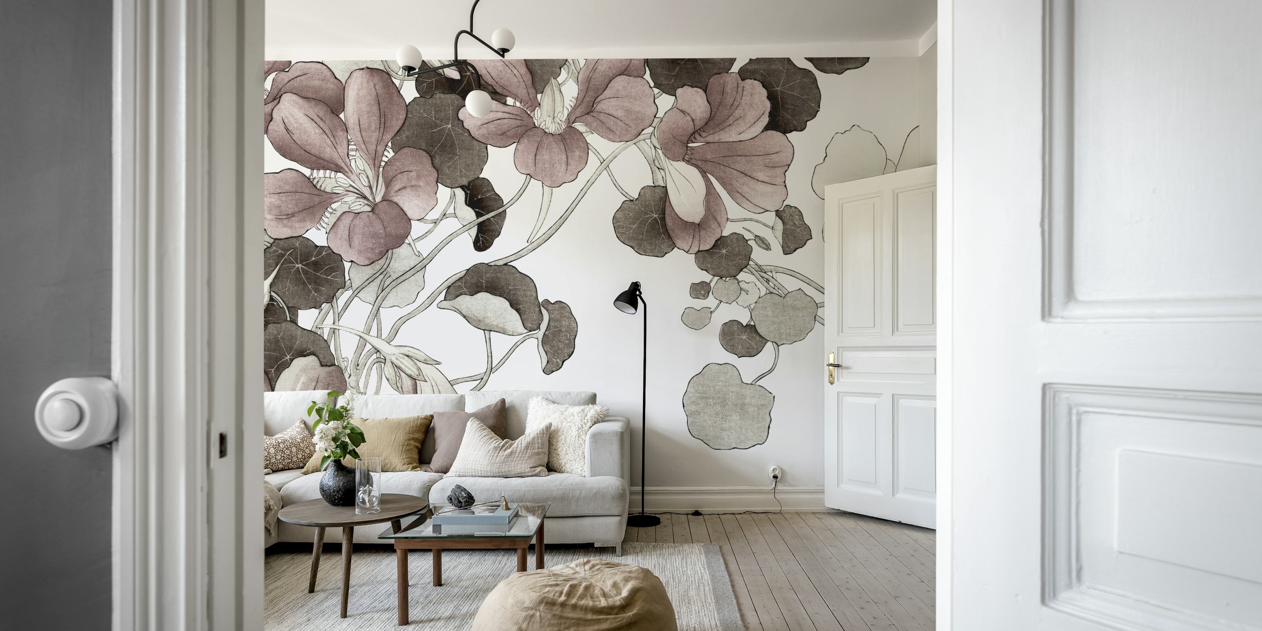 Vintage floral wallpaper featuring detailed botanical illustrations in muted tones