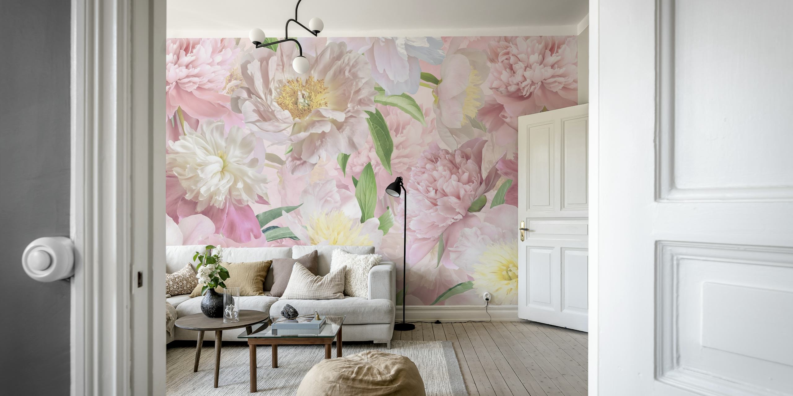 Peony flowers in soft pink and white hues wallpaper
