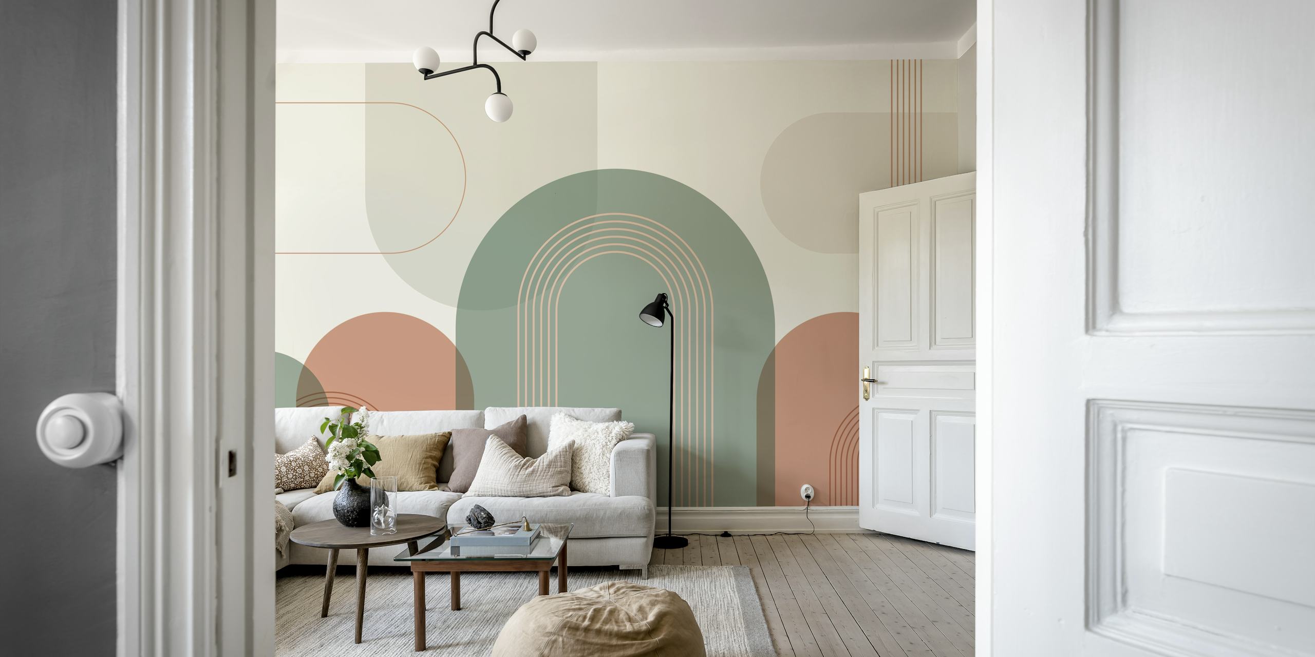 Abstract arch shapes in green and terracotta colors wallpaper
