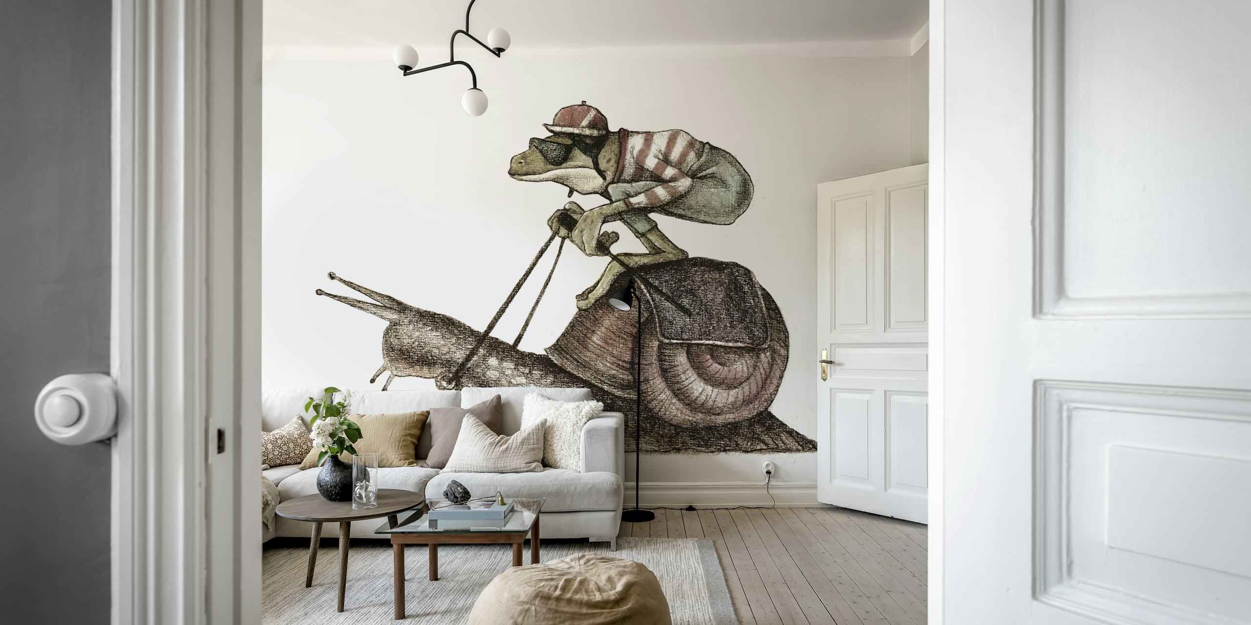 A whimsical snail racing scene with a frog on top, illustrated in soft colors, wallpaper