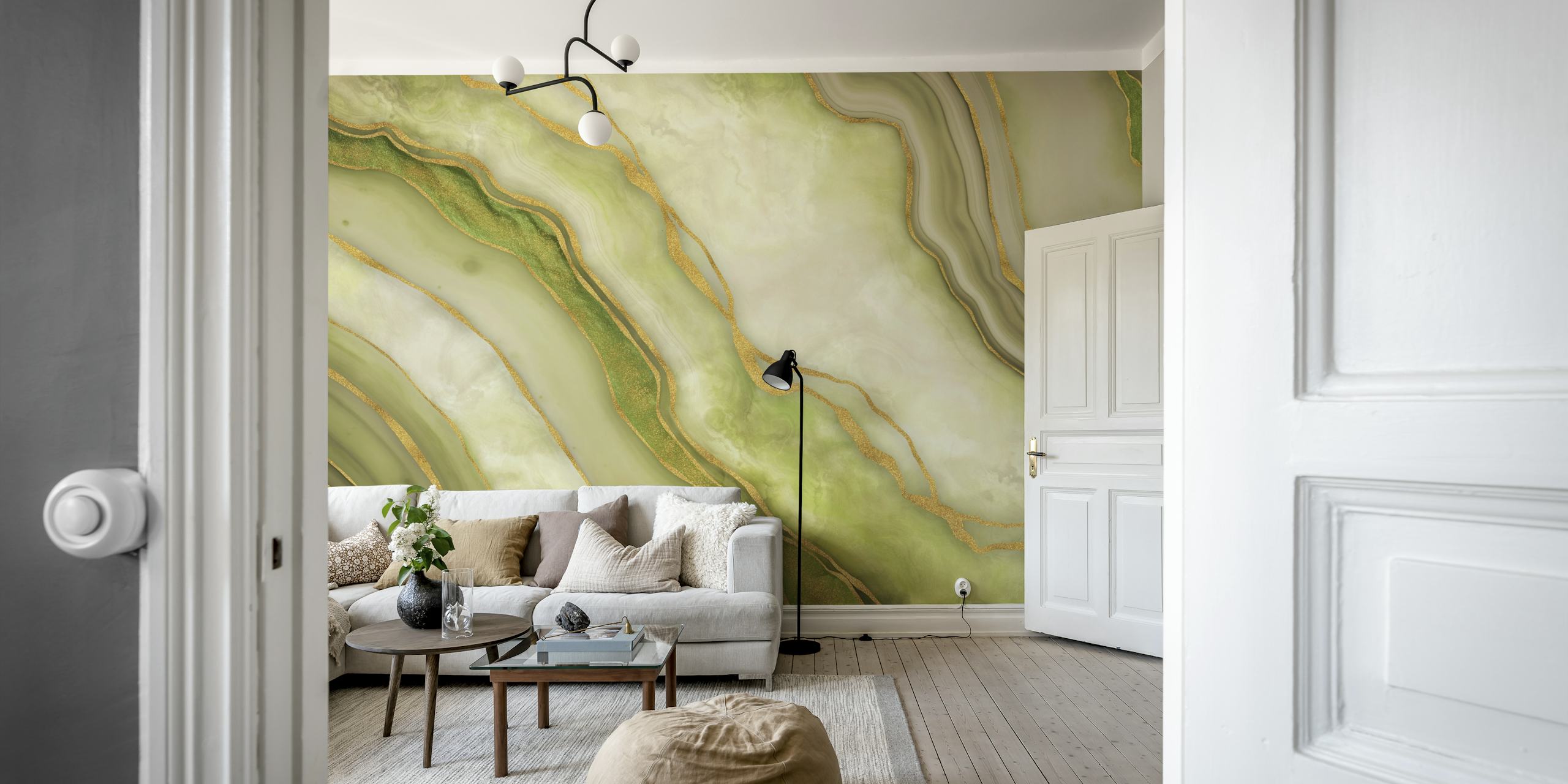 Gold and green wavy marble pattern wallpaper