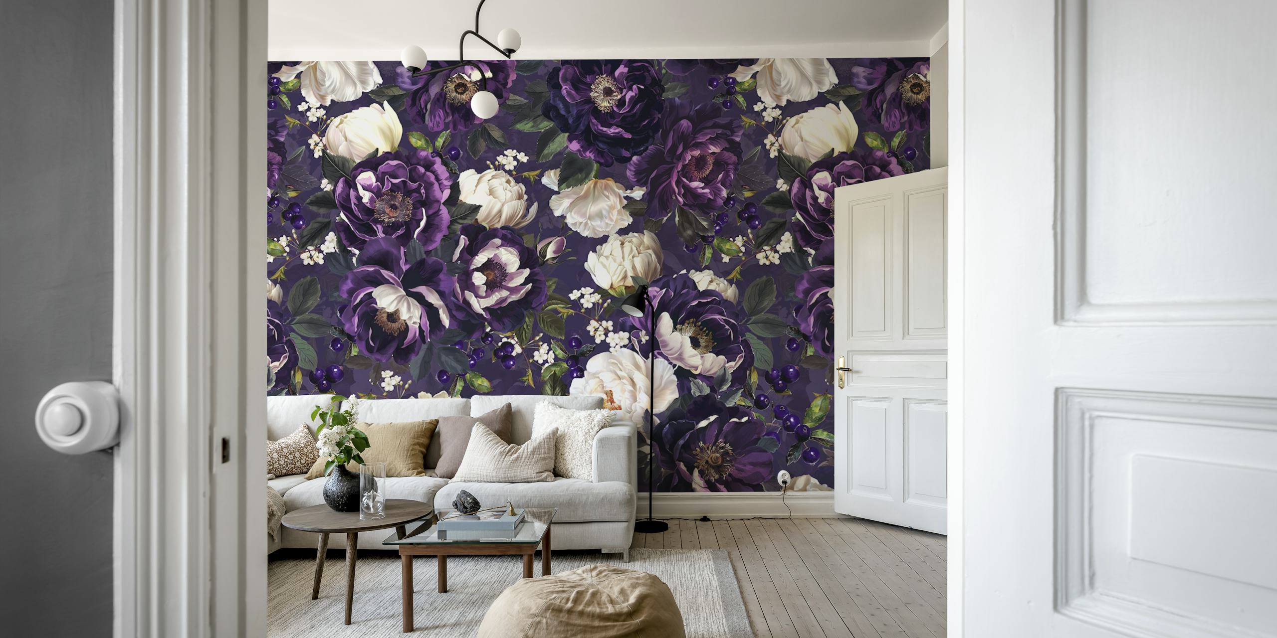 Purple floral wallpaper with peonies and leaves in baroque style