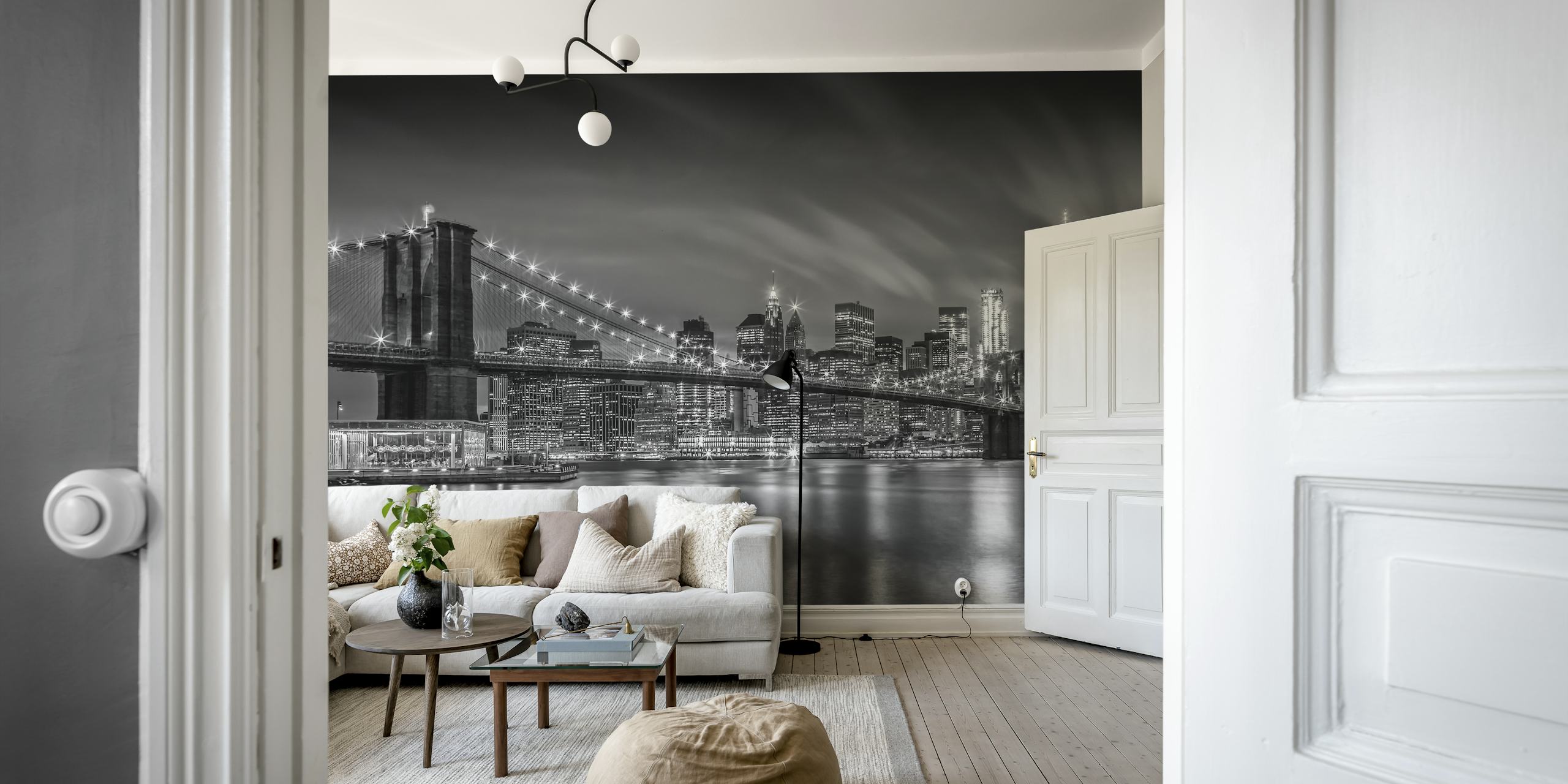 Carta Da Parati Monocroma Di Brooklyn Bridge In Una Stanza