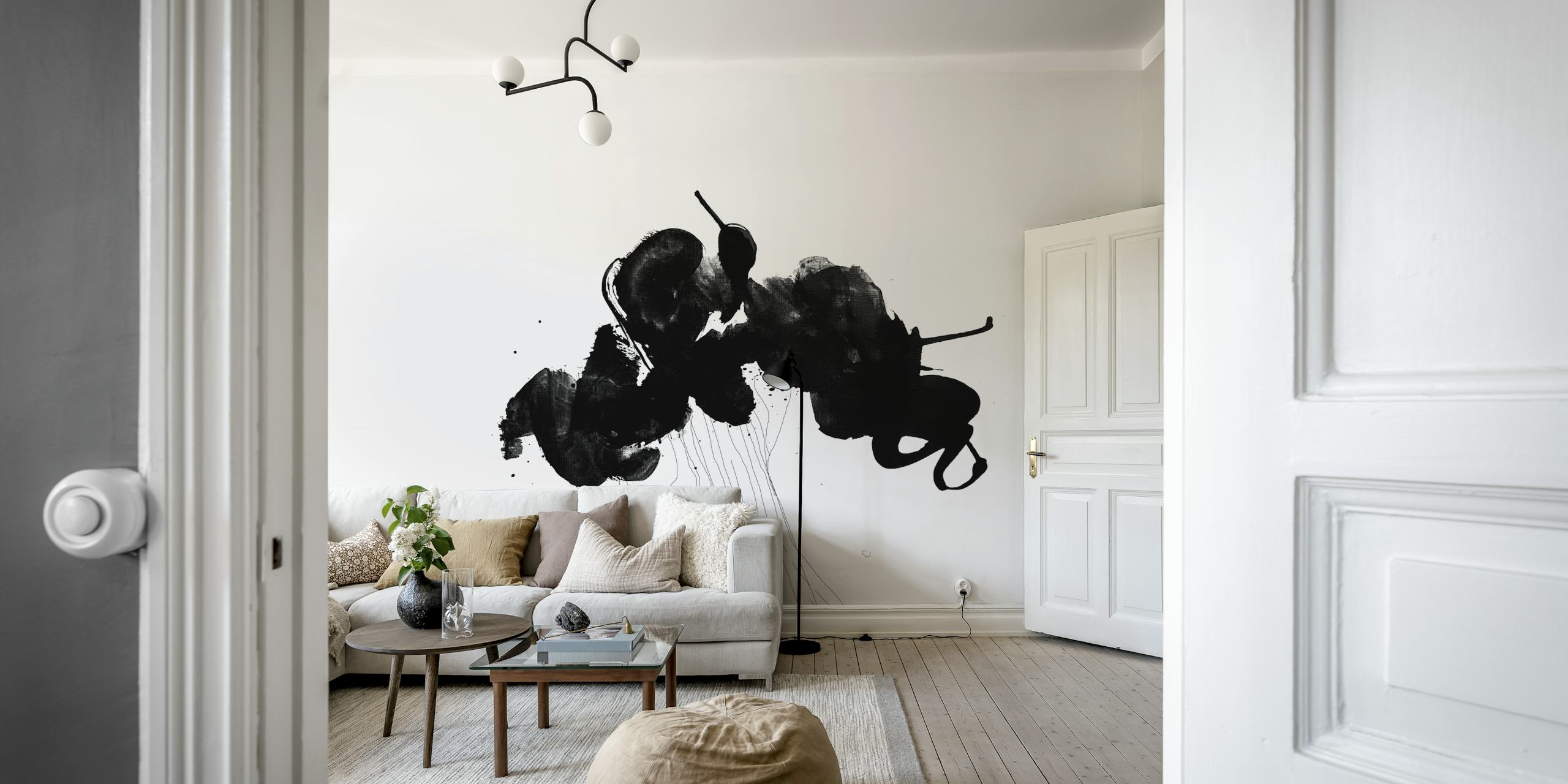 Black abstract ink shapes on white background wallpaper