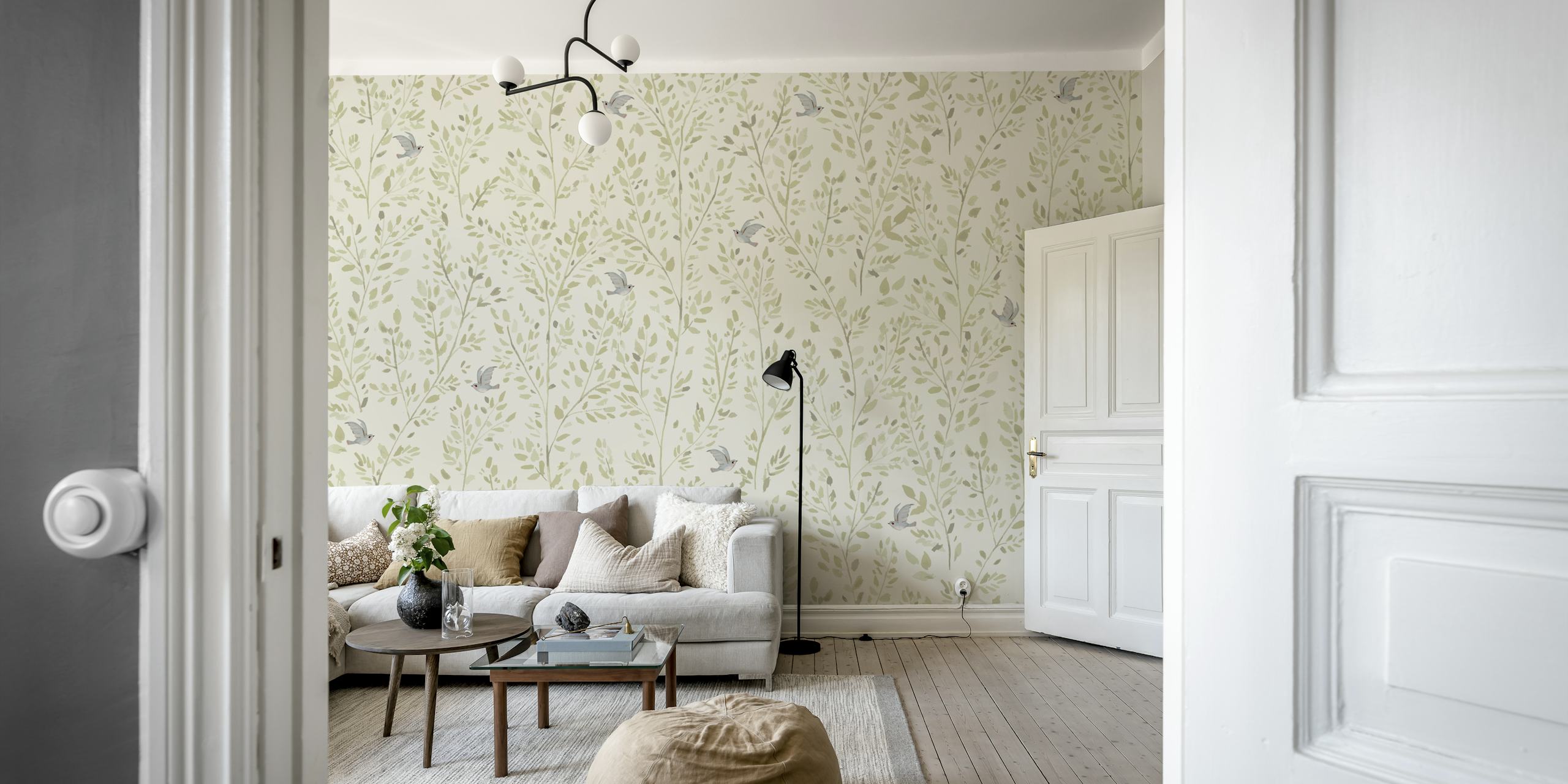 Olive and bird tapetdesign i et rom