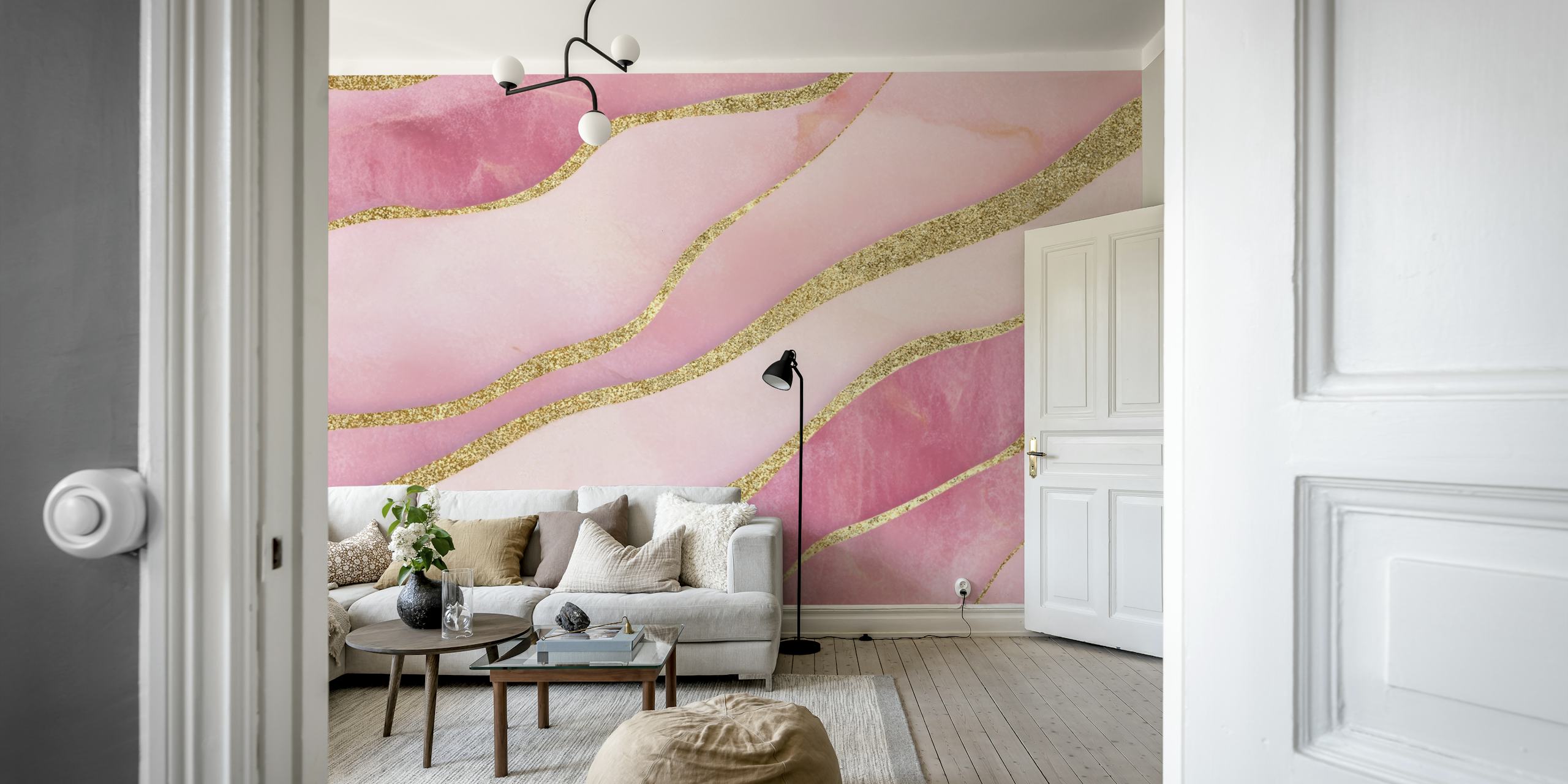 Flowing pink and gold wavy pattern wallpaper