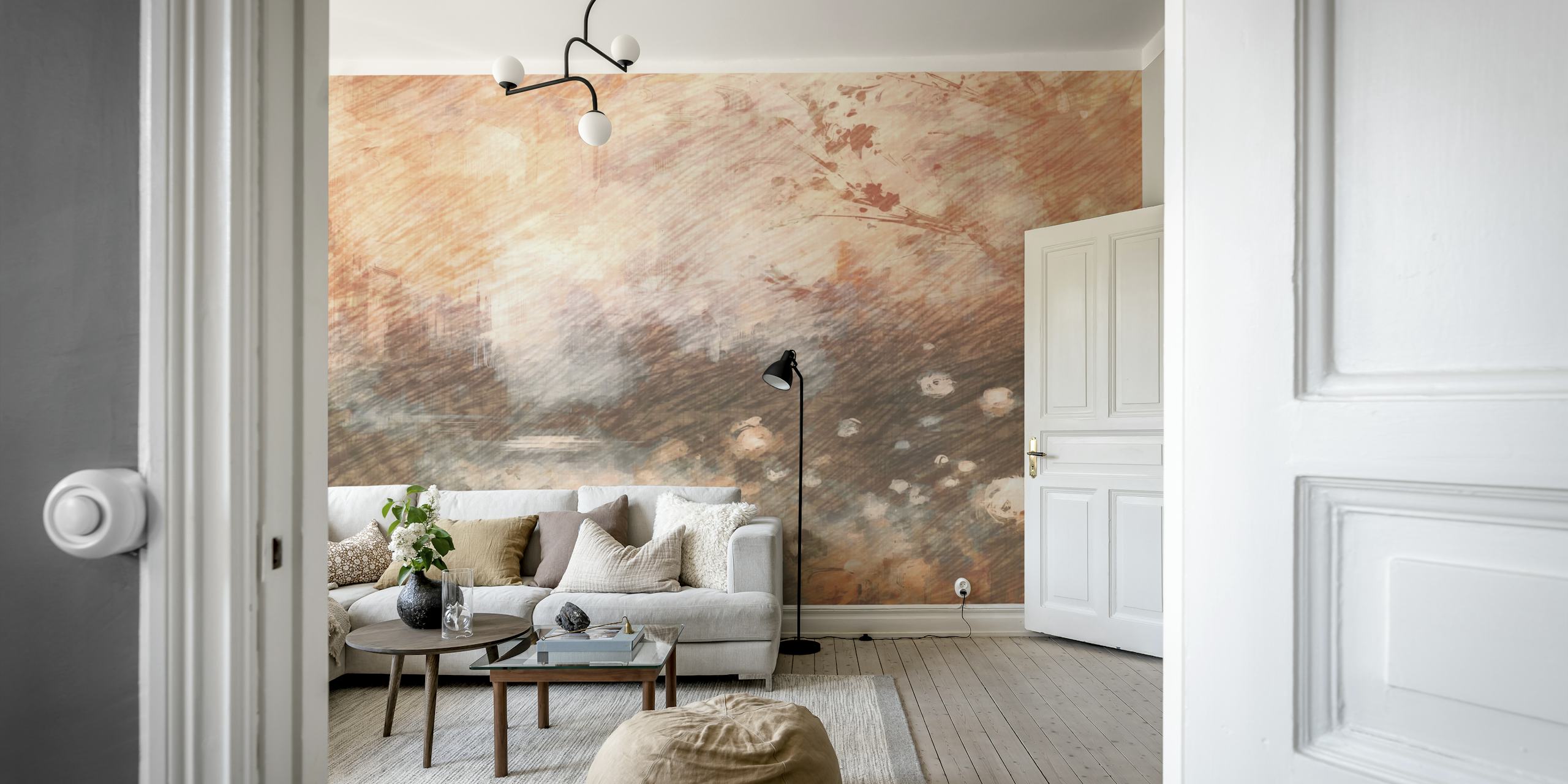 Mocha floral patterns in warm tones, impressionist wallpaper