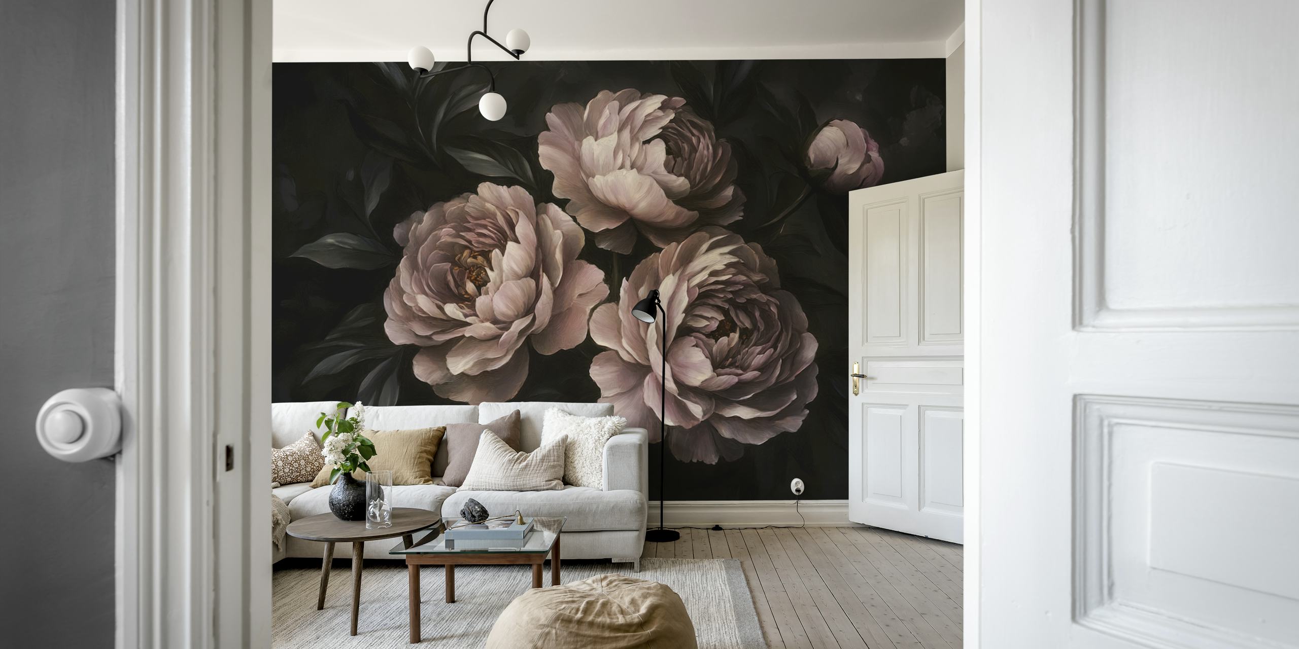 Three dark pink peonies on a black background wallpaper
