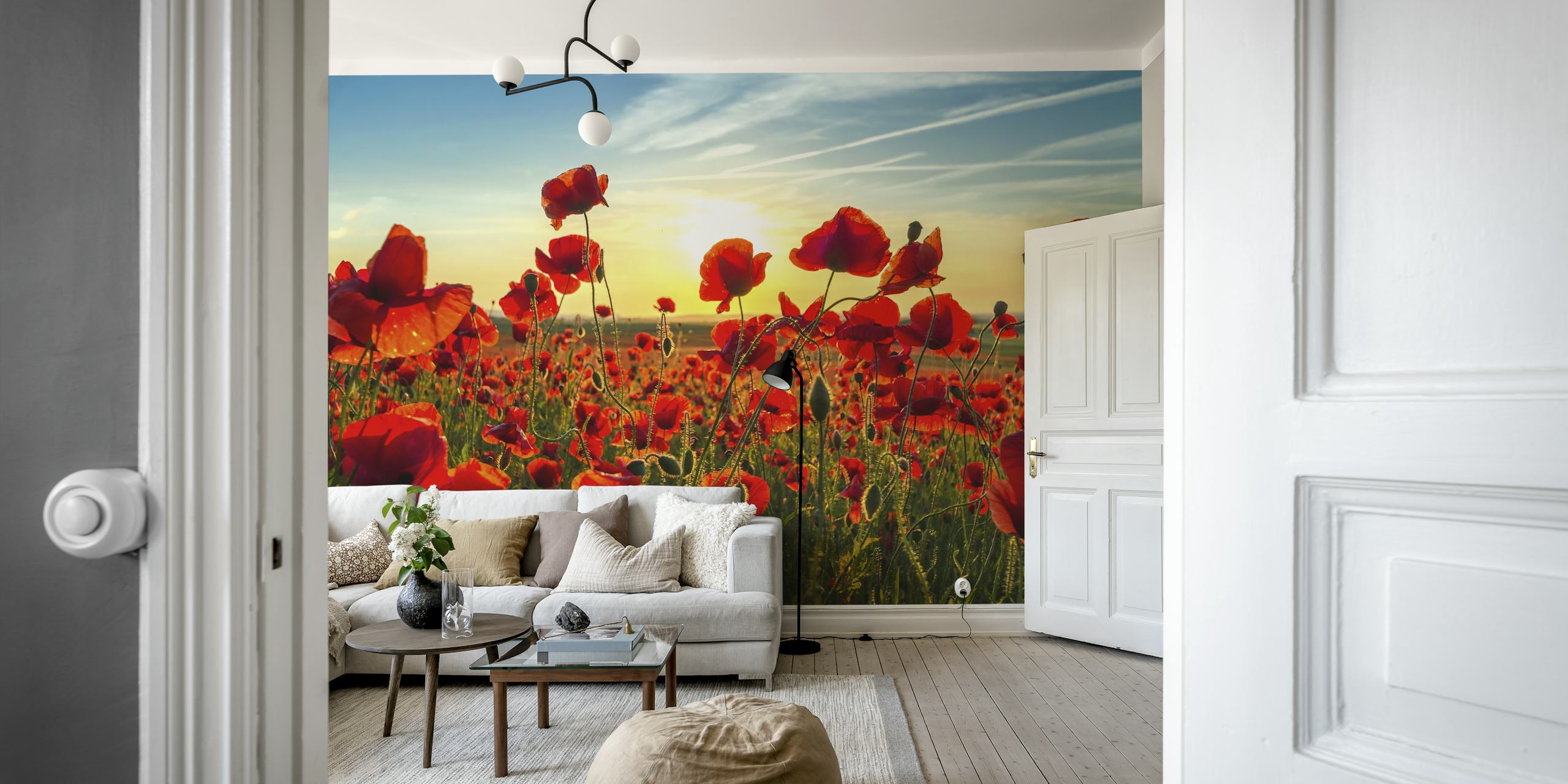 Carta da parati Papaveri in estate con fiori rossi brillanti e cielo blu