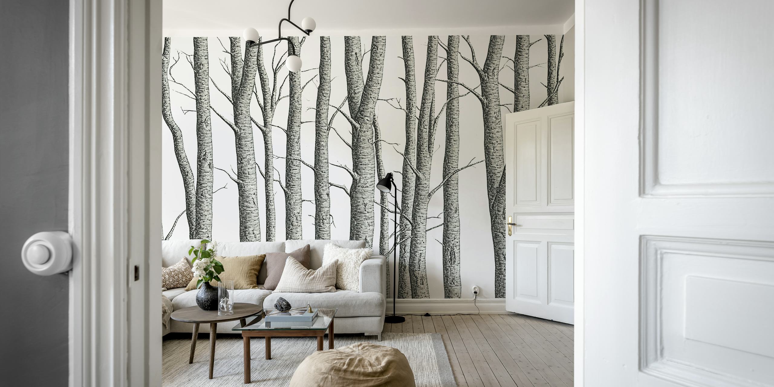 Detailed black and white tree wallpaper with engraved look.