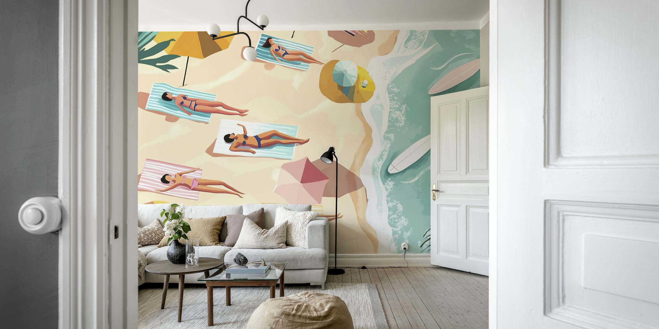 Tropical beach scene wallpaper with sunbathers, colorful umbrellas, and ocean waves in vibrant colors.