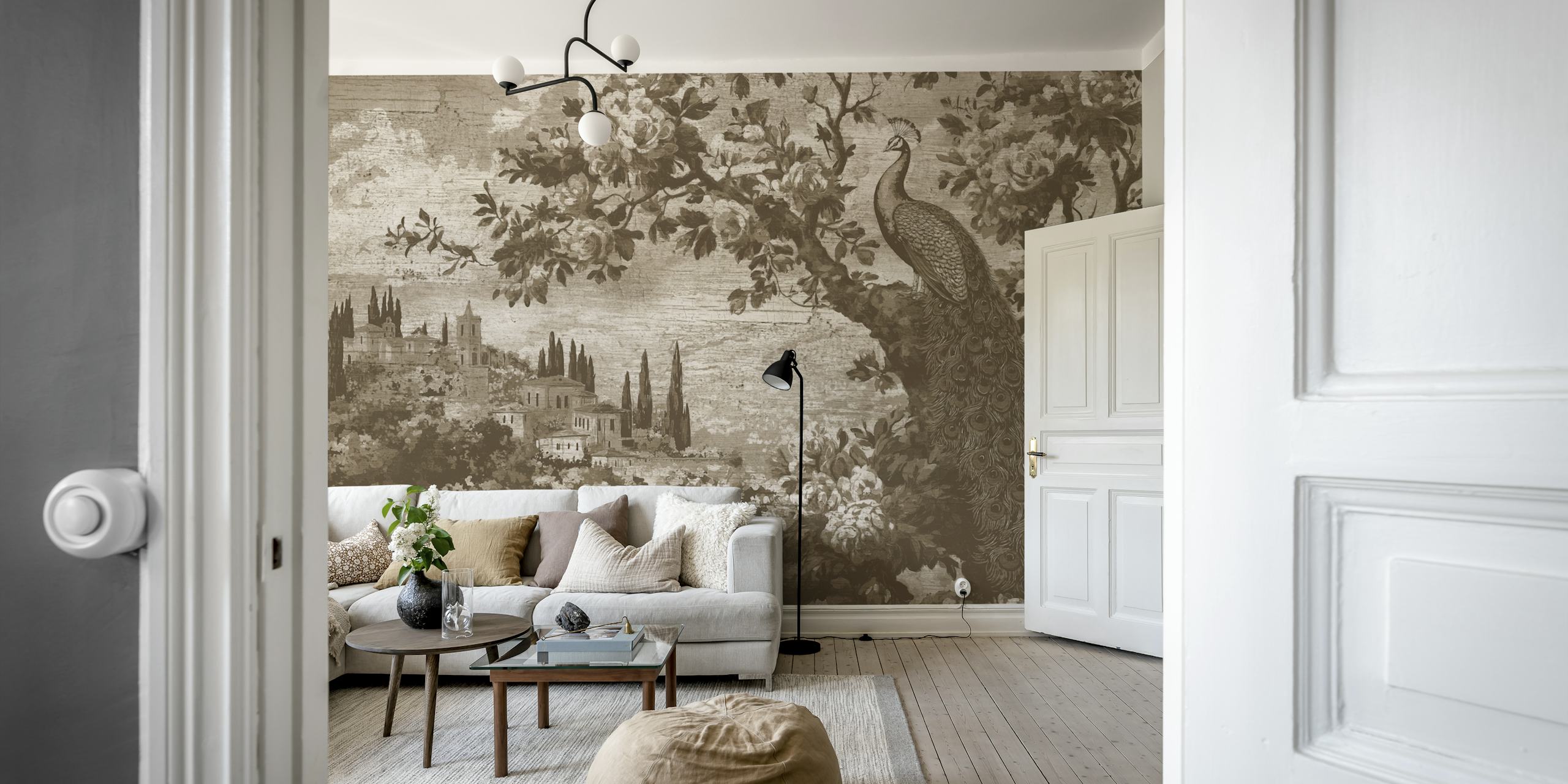 Vintage peacock perched on tree with floral backdrop, sepia tones wallpaper
