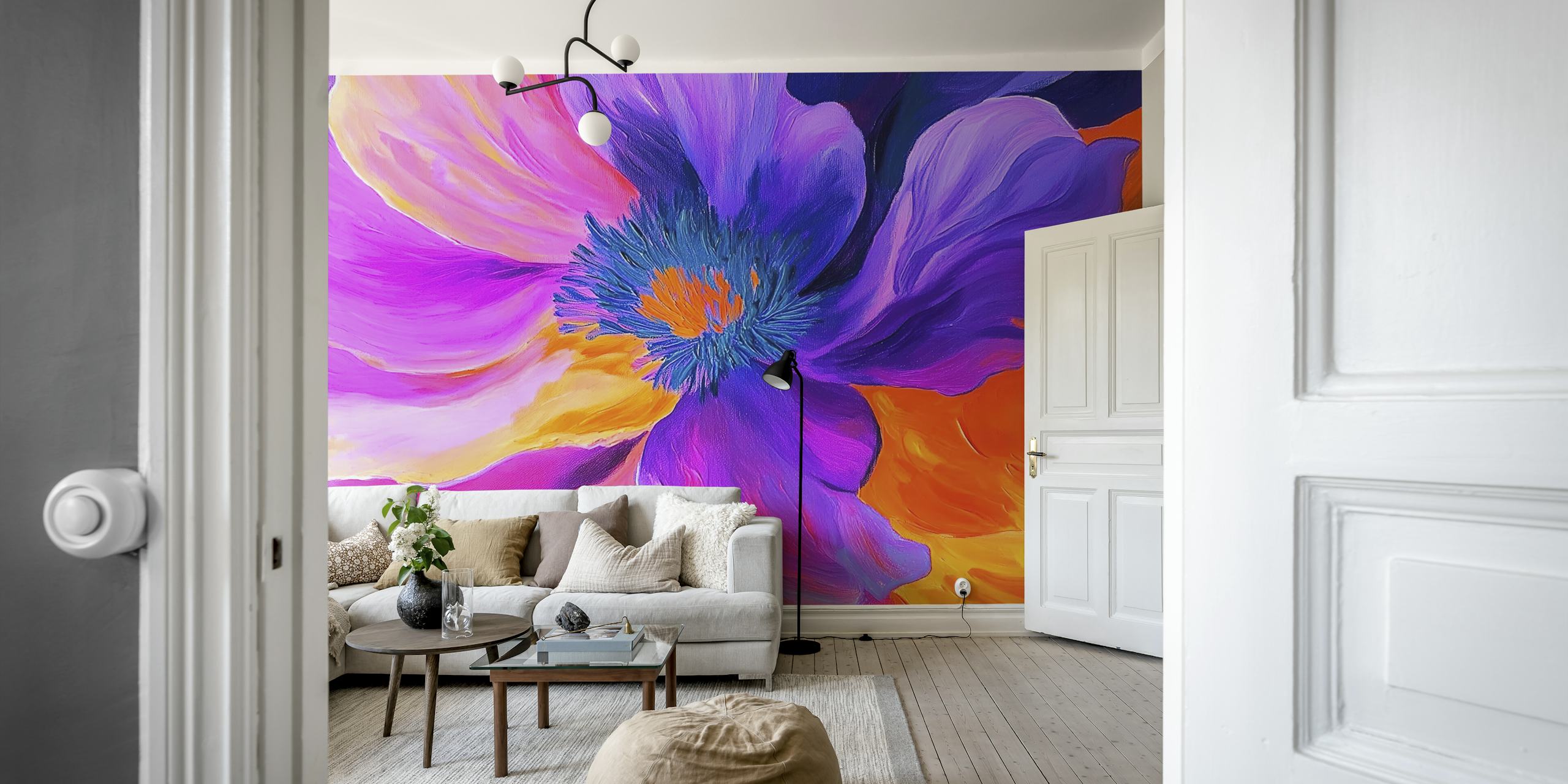 Groot paarse en oranje bloem met diepe details, abstracte kunst wallpaper