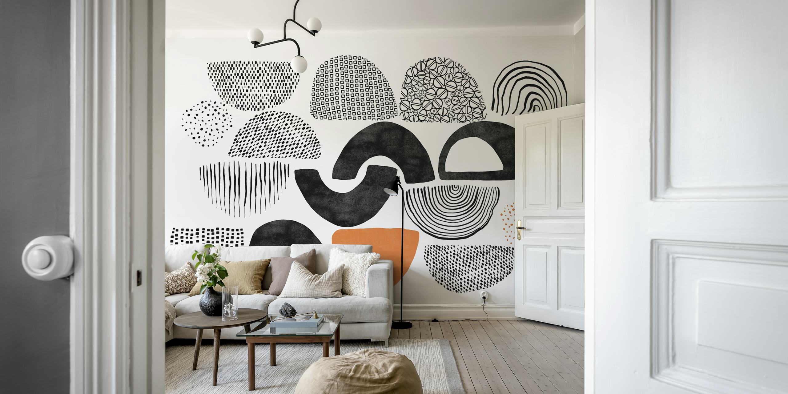 Abstract black and orange shapes on white background wallpaper