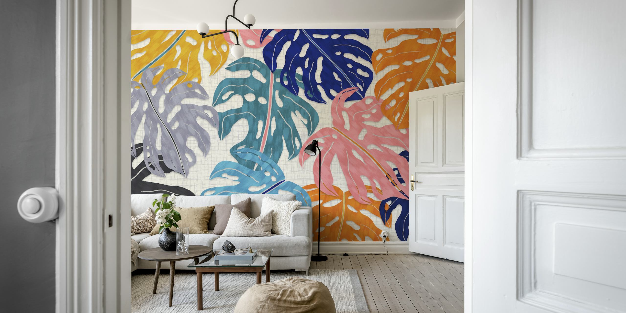 Colorful Monstera leaves in orange, pink, blue, and gray on a textured white background wallpaper