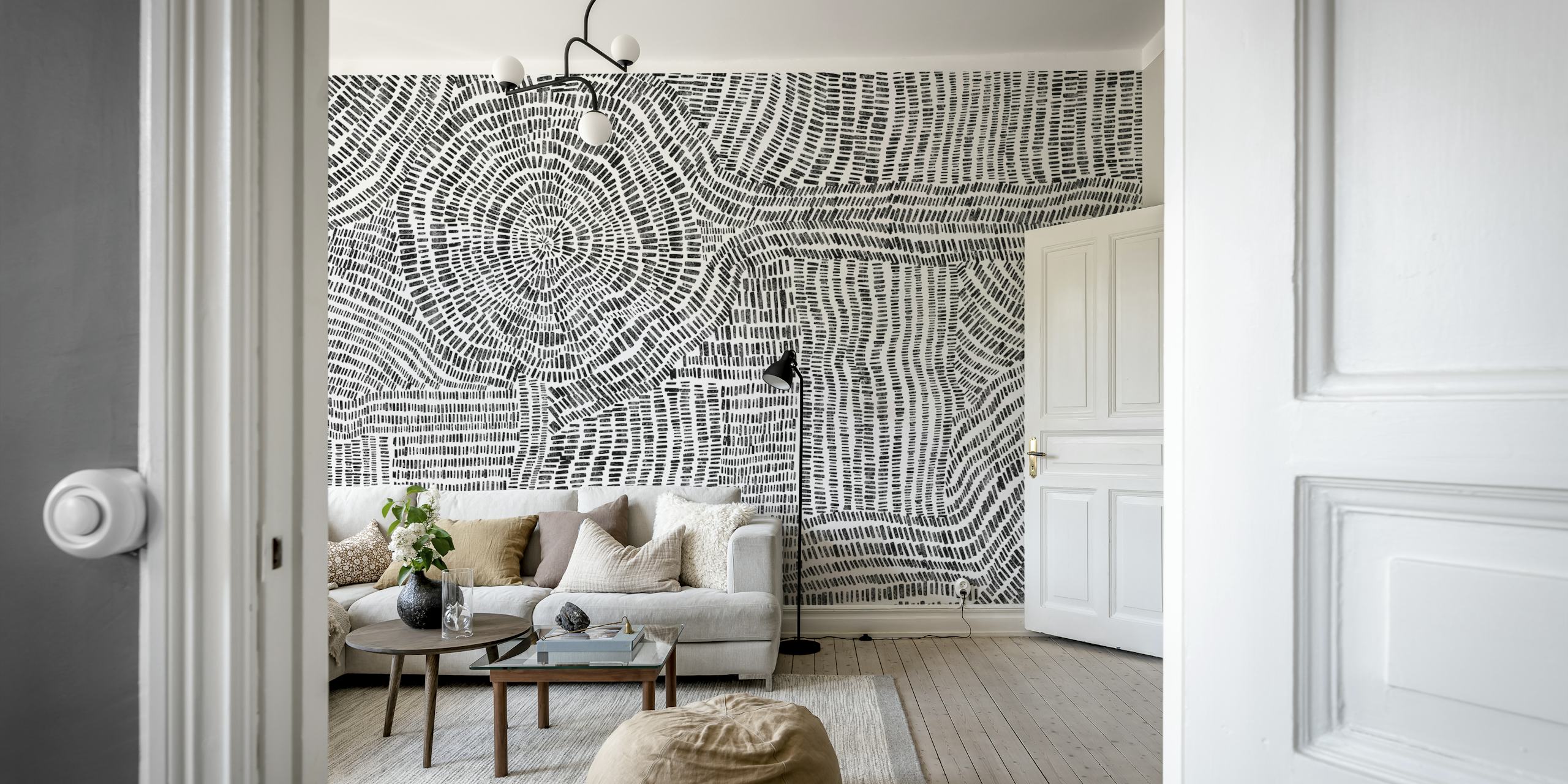 Papel de parede preto e branco Black and White Rhythm em um quarto moderno