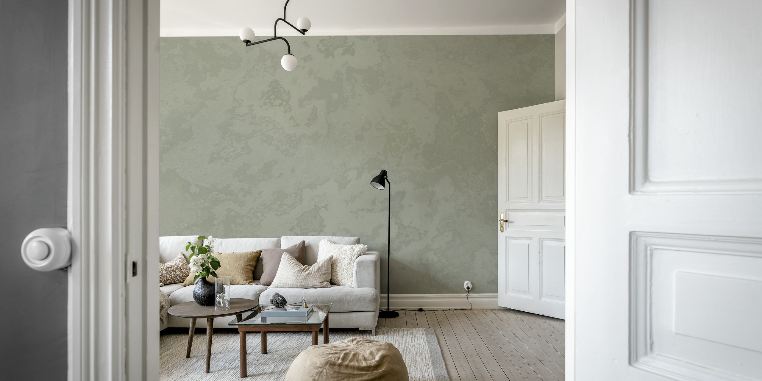 Thyme green concrete texture wallpaper in a room