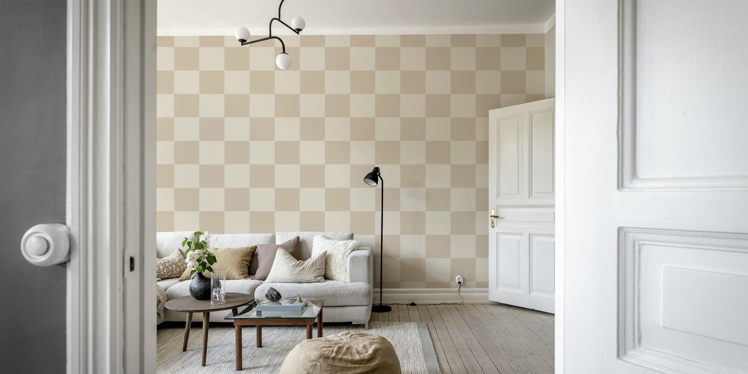Checkerboard sand and beige wallpaper in a room