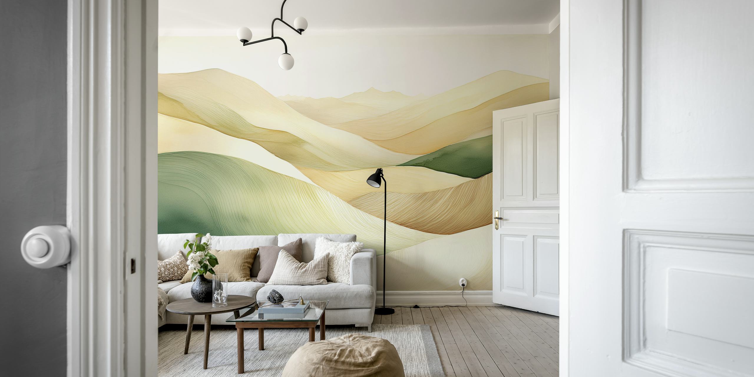 Abstract rolling hills in soft green, beige, and cream tones wallpaper
