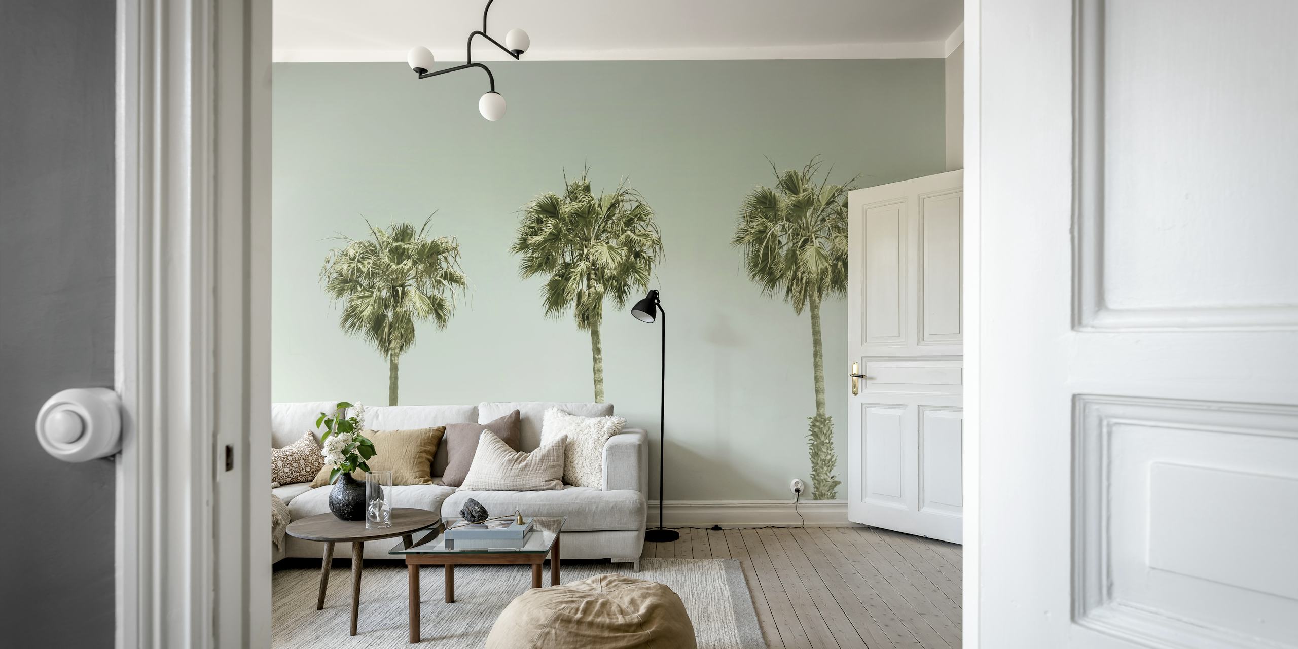 Three vintage palm trees on a muted gray background wallpaper