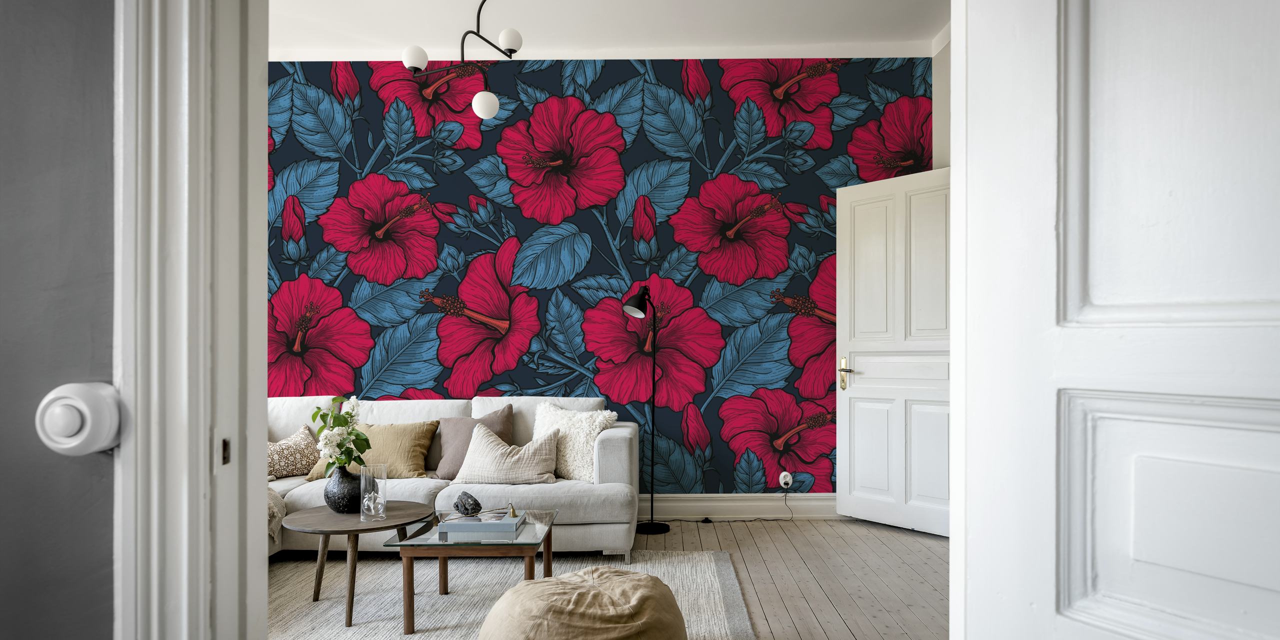 Red hibiscus flowers with teal leaves on dark background wallpaper