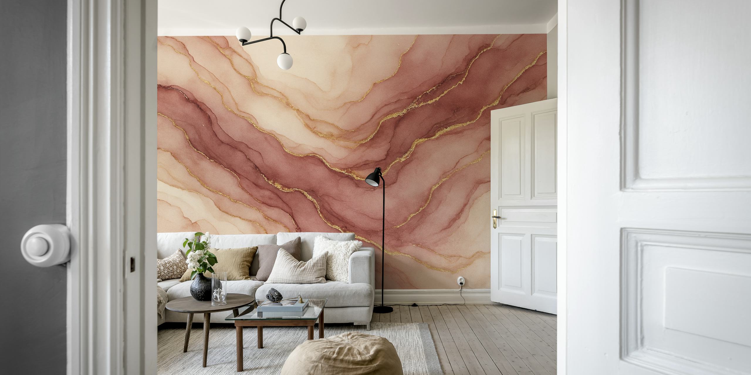 Abstract marble wallpaper in blush and gold tones