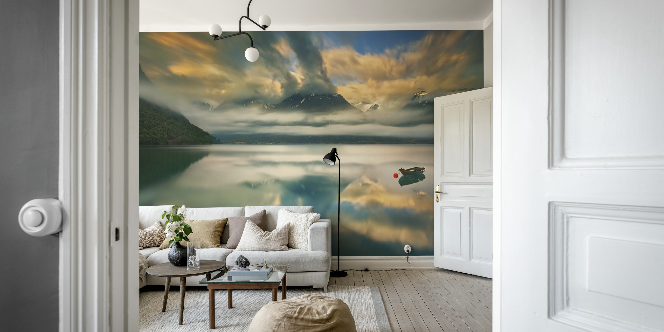 Mountain landscape wallpaper in a room