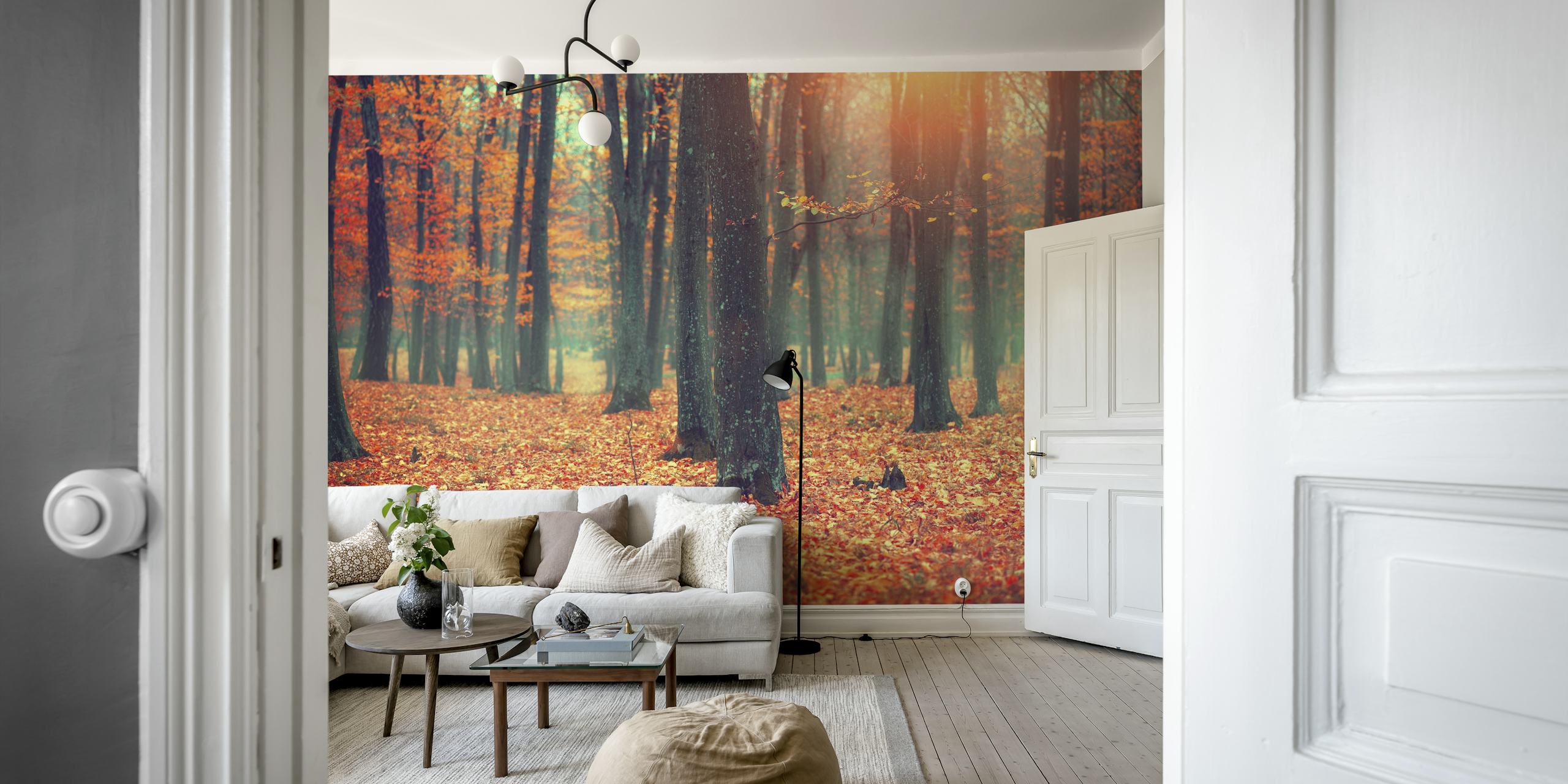 Autumn-themed wallpaper in a room