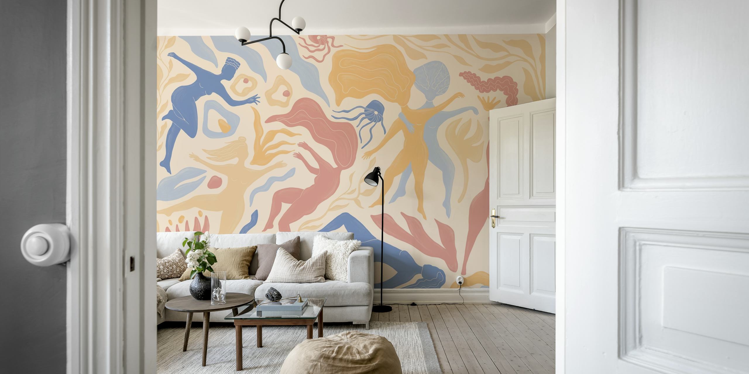 Abstract figures in pastel pink, blue, and yellow dancing wallpaper