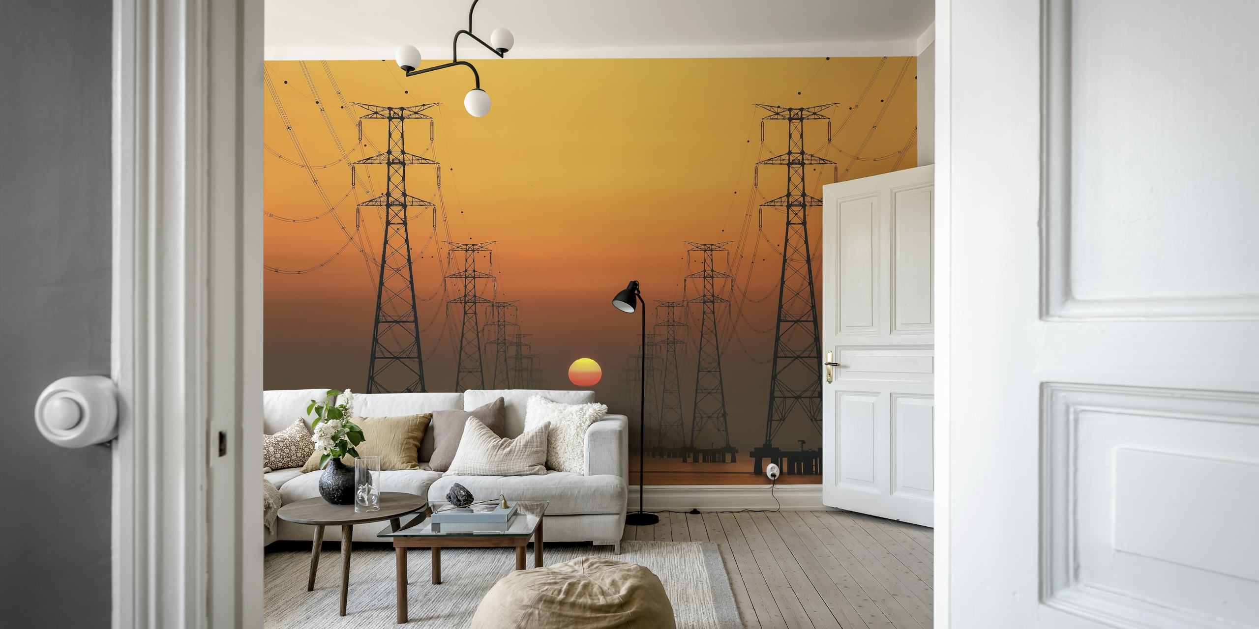 Power line wallpaper with sunset background