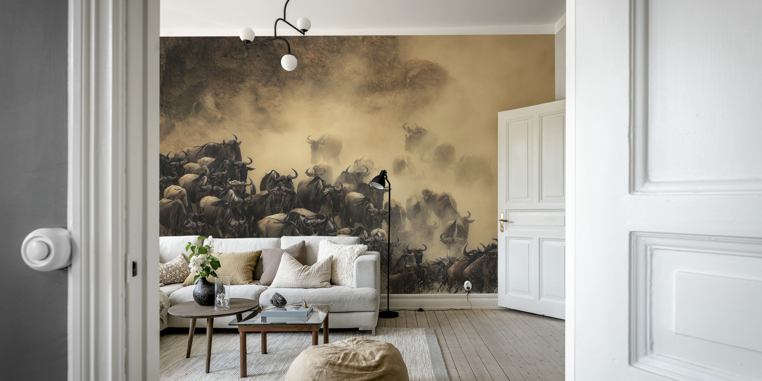 The Crossing behang met wilde dieren in een kamer