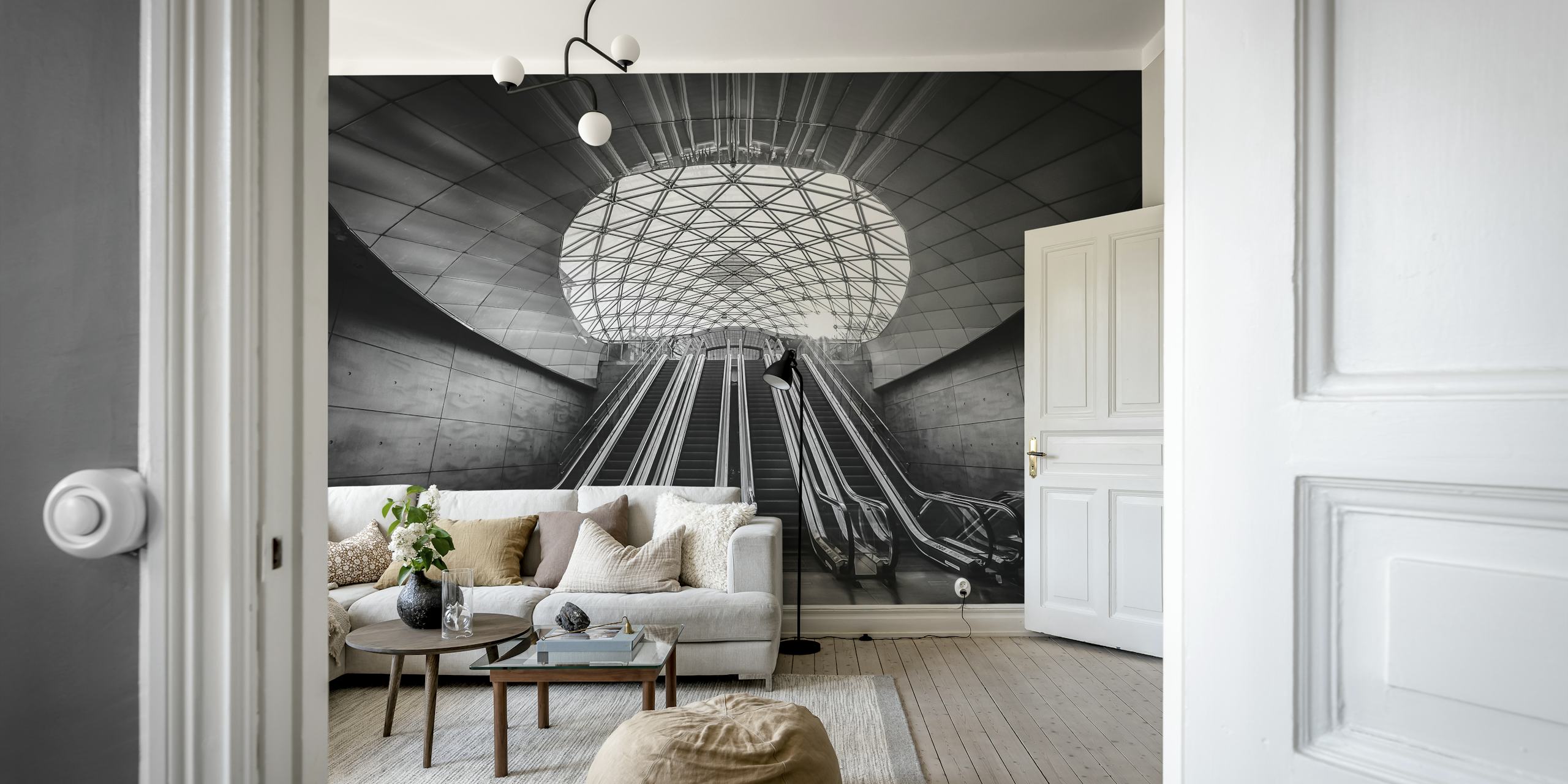 Geometric triangle wallpaper in a modern room