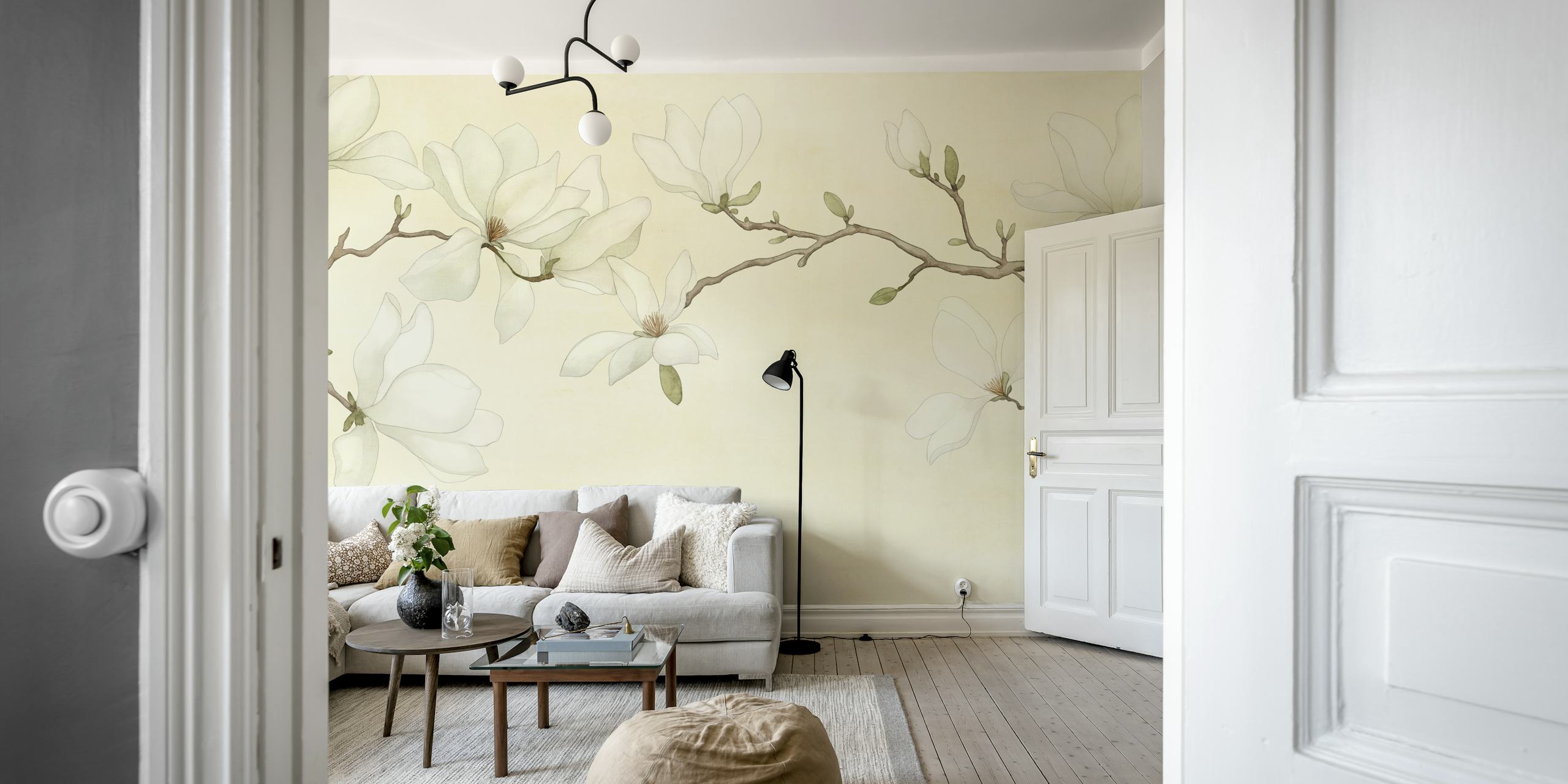 Graceful Magnolia Art Vanilla Cream Carta da parati in una stanza