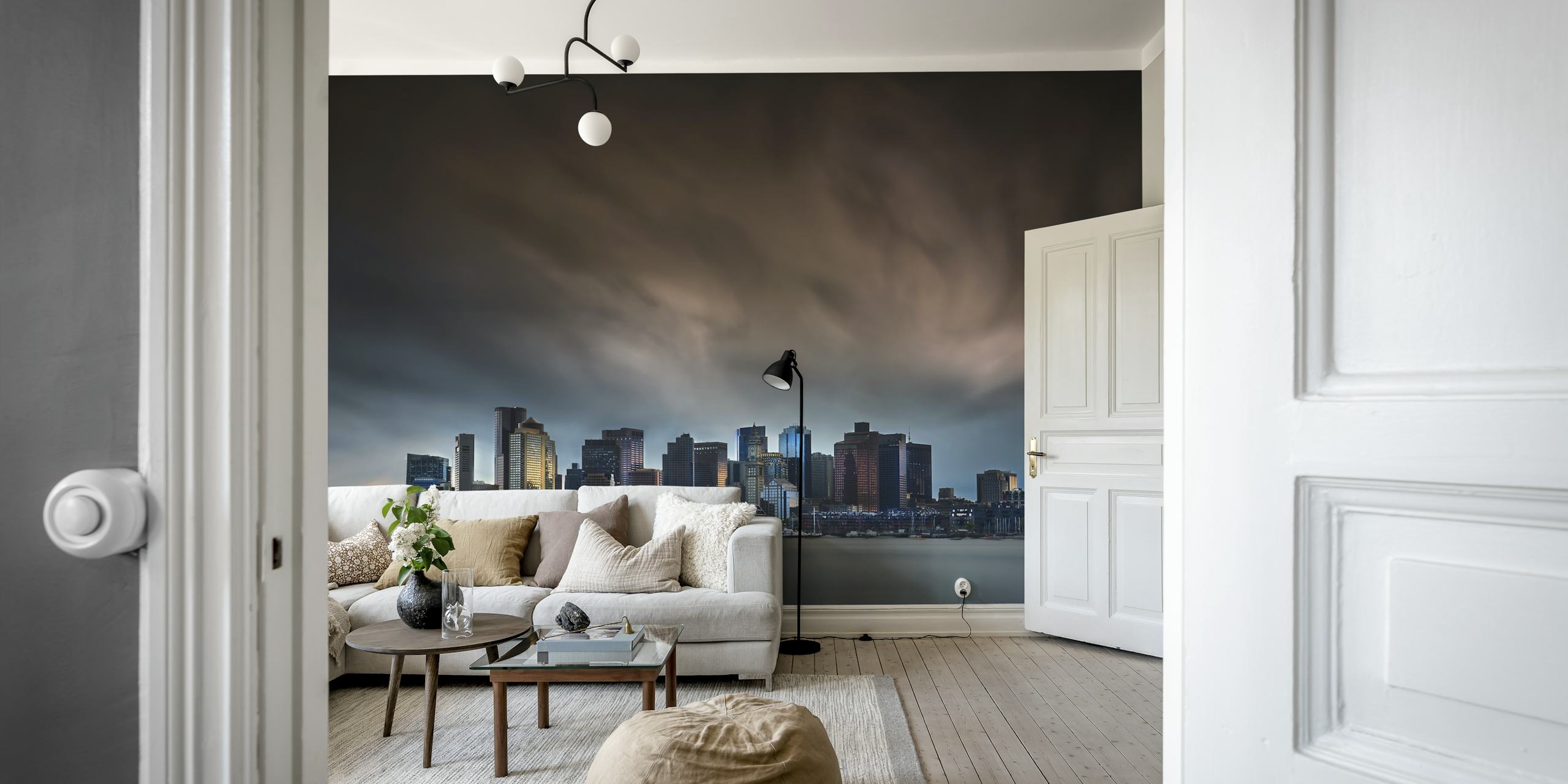 Fototapete mit Skyline von Boston und dramatischen Wolken