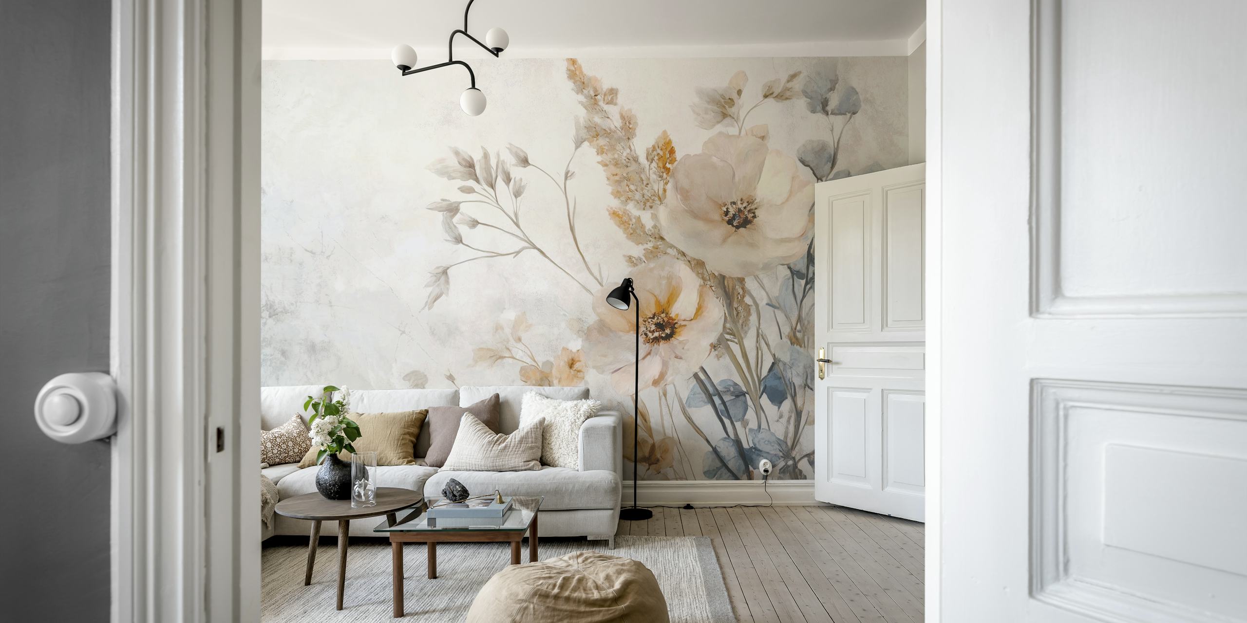 Papel tapiz floral Soft Blooming Oasis en una habitación