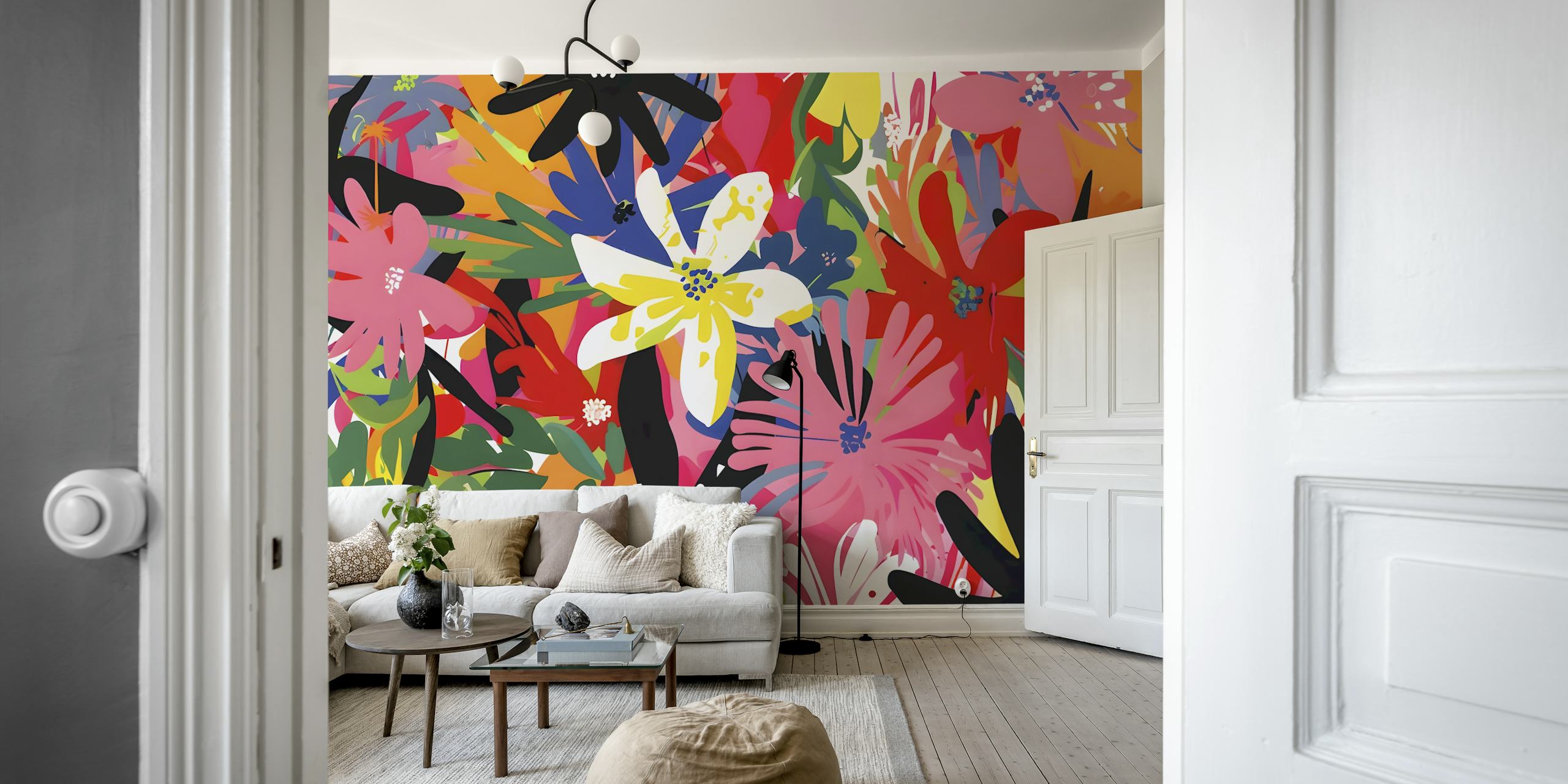 Kleurrijke bloemenbehang in een kamer