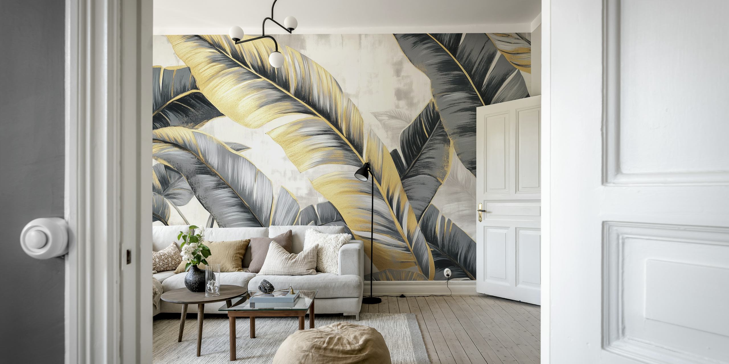 Tapeta Golden Leaf Serenity v moderním obývacím pokoji