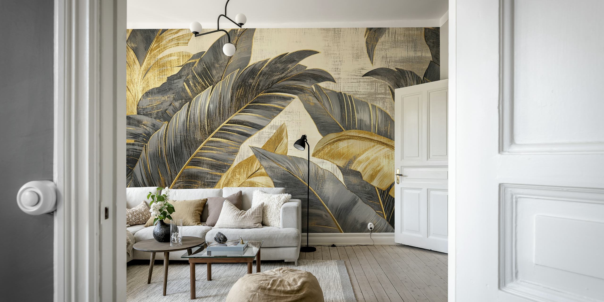 Tropical leaves in black and gold color scheme wallpaper