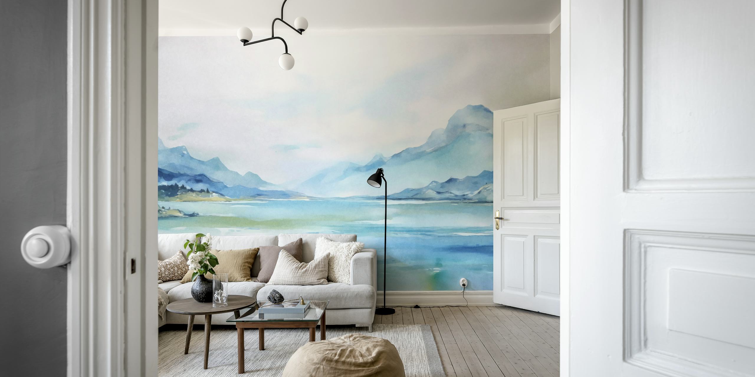 Tranquil mountain view wallpaper in a room
