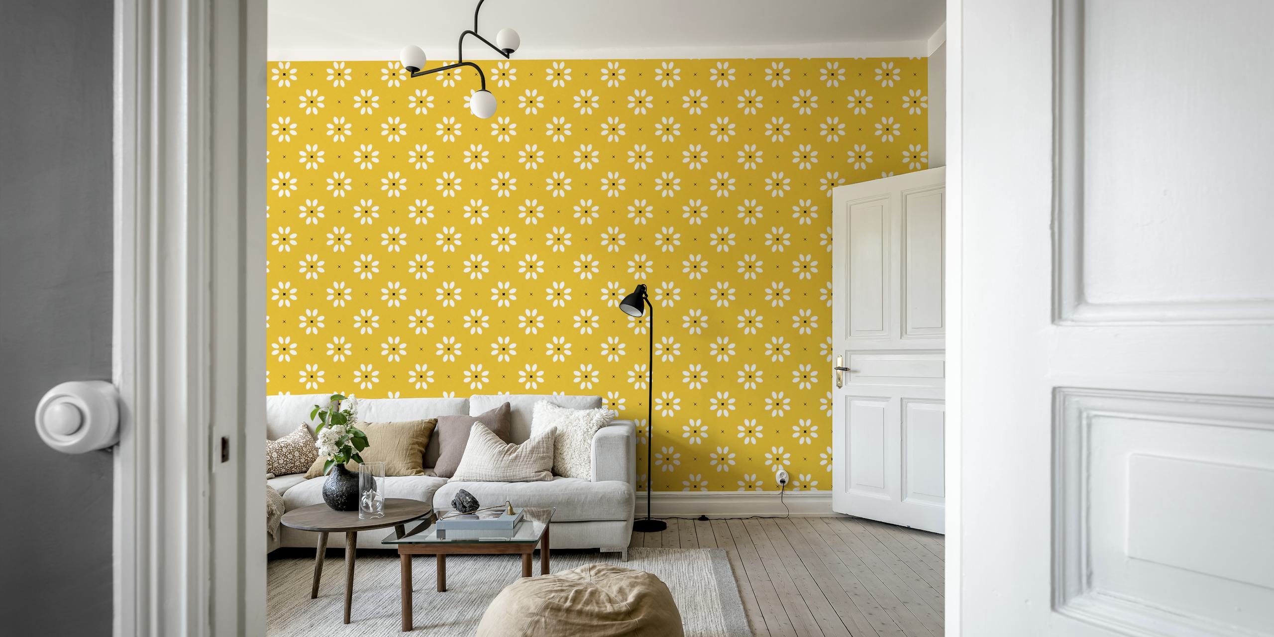 Papel de parede amarelo daisy stitch em um quarto
