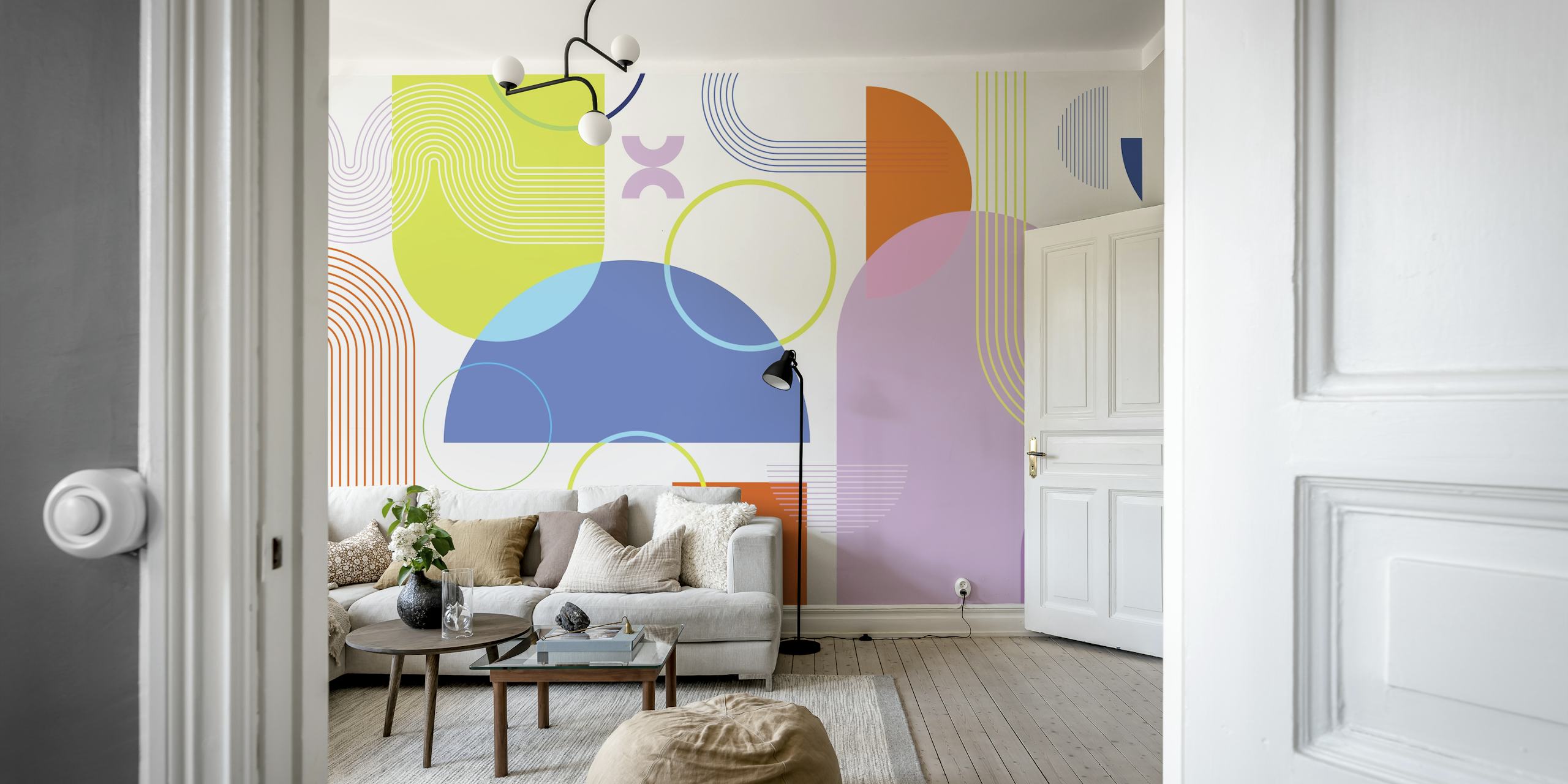 Colorful geometric shapes and abstract lines wallpaper