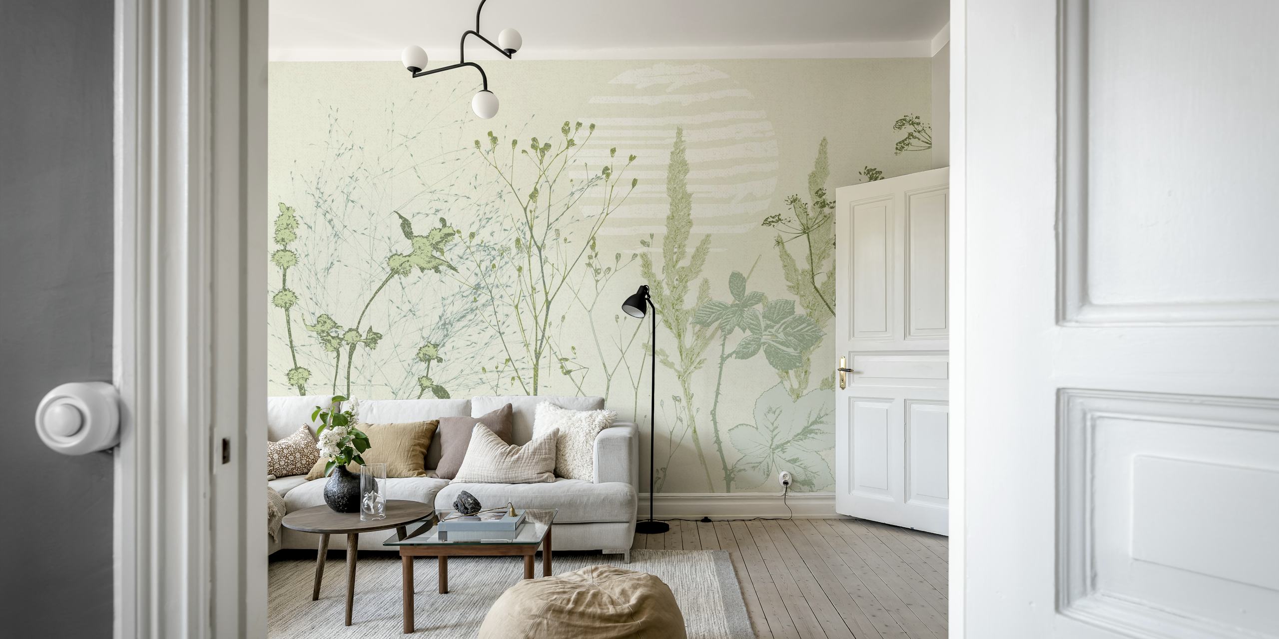 Natural green floral wallpaper featuring delicate botanical illustrations against a light background.