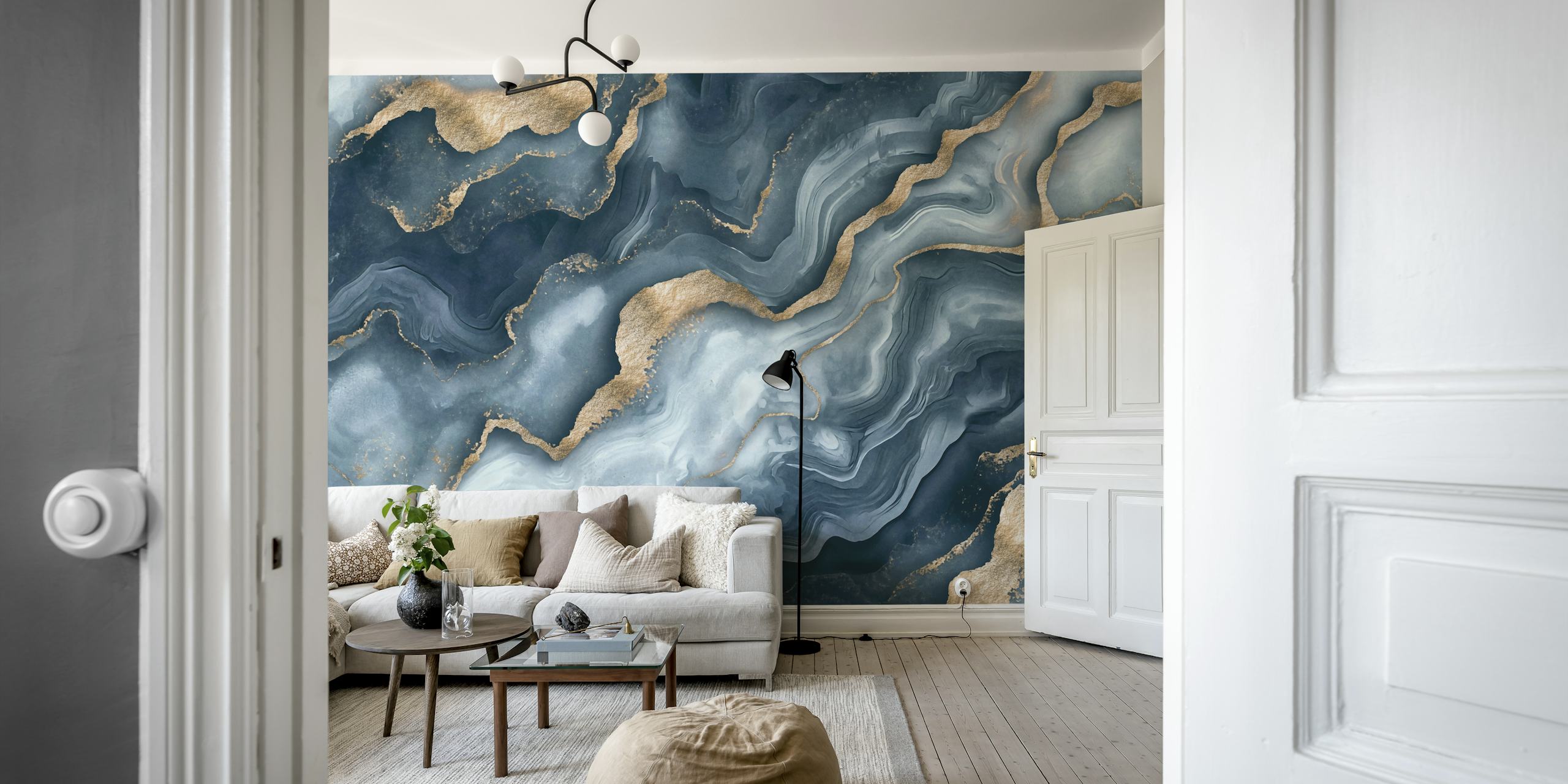 Blue and gold abstract marble waves wallpaper