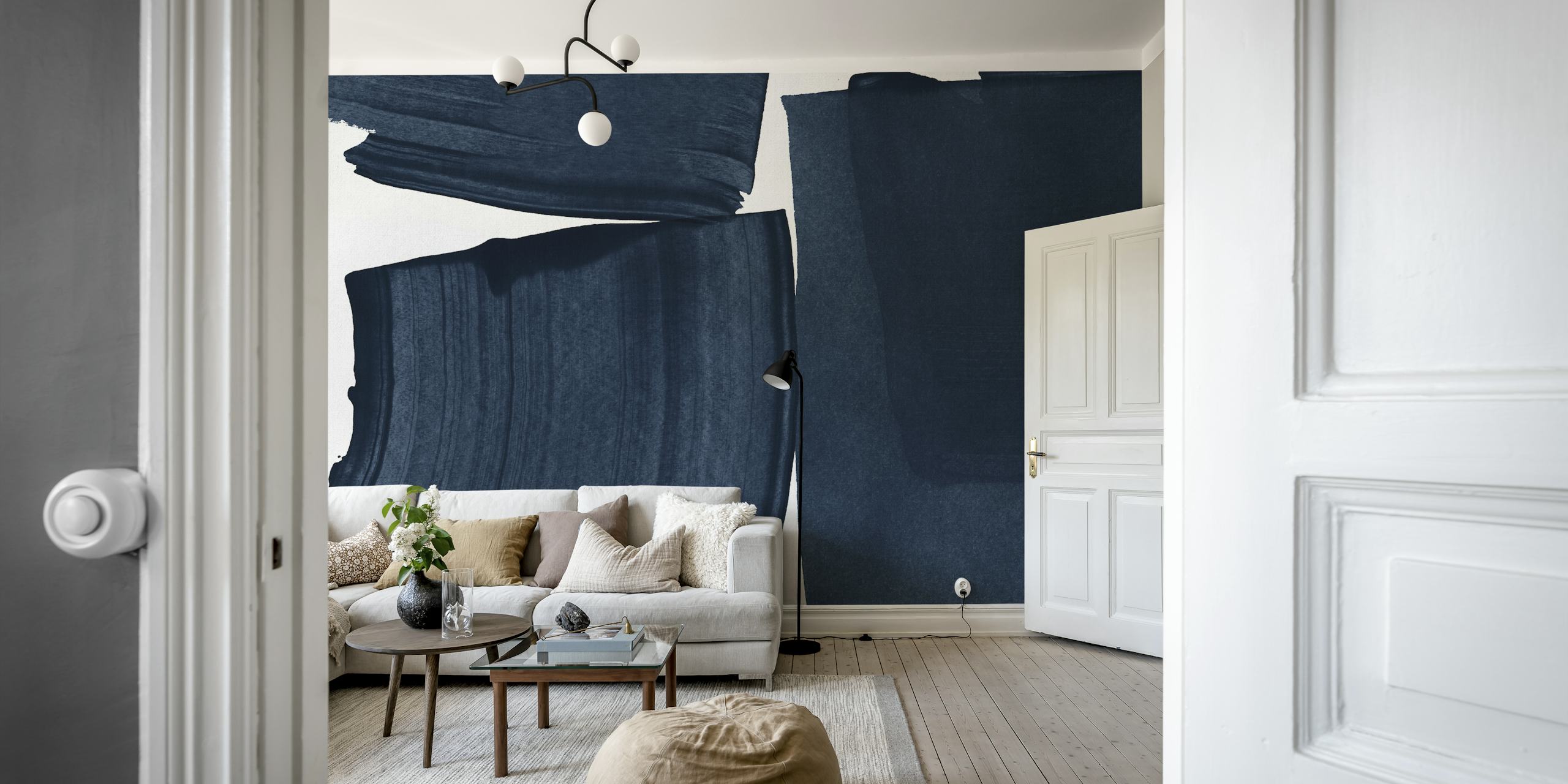 Βαθύ μπλε ταπετσαρία Minimalist Painting Blue I σε ένα δωμάτιο