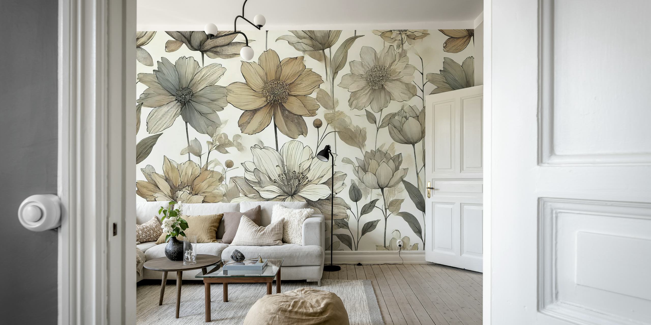 Muted Bloom floral wallpaper in a room