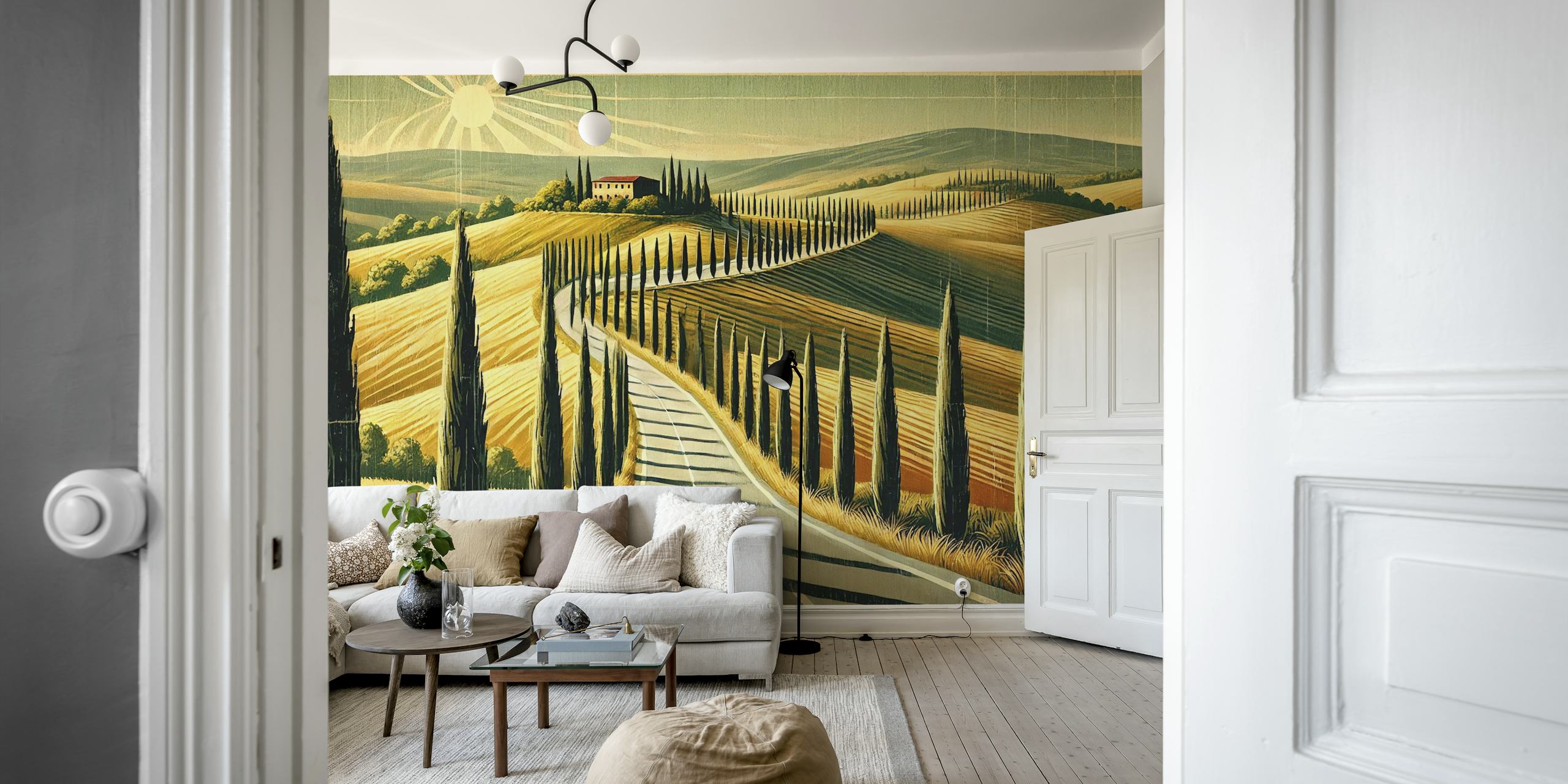 Cypress trees and winding road in green and yellow landscape wallpaper