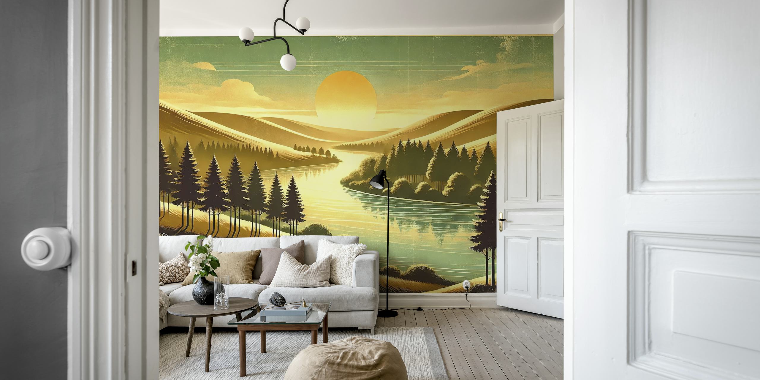 Vintage River Morning Light Wallpaper in a room