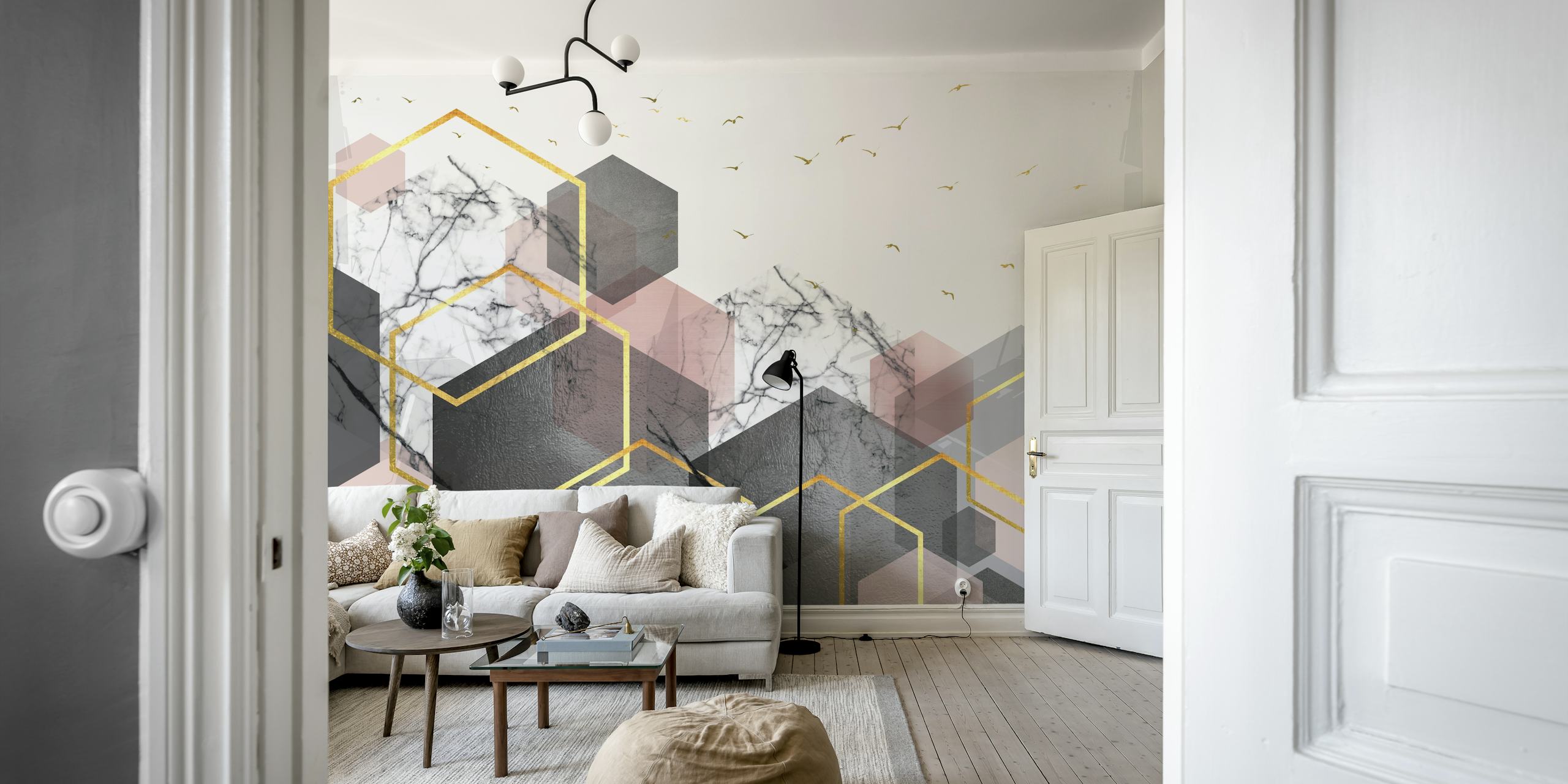 Geometric shapes in pink, grey, and marble tones wallpaper