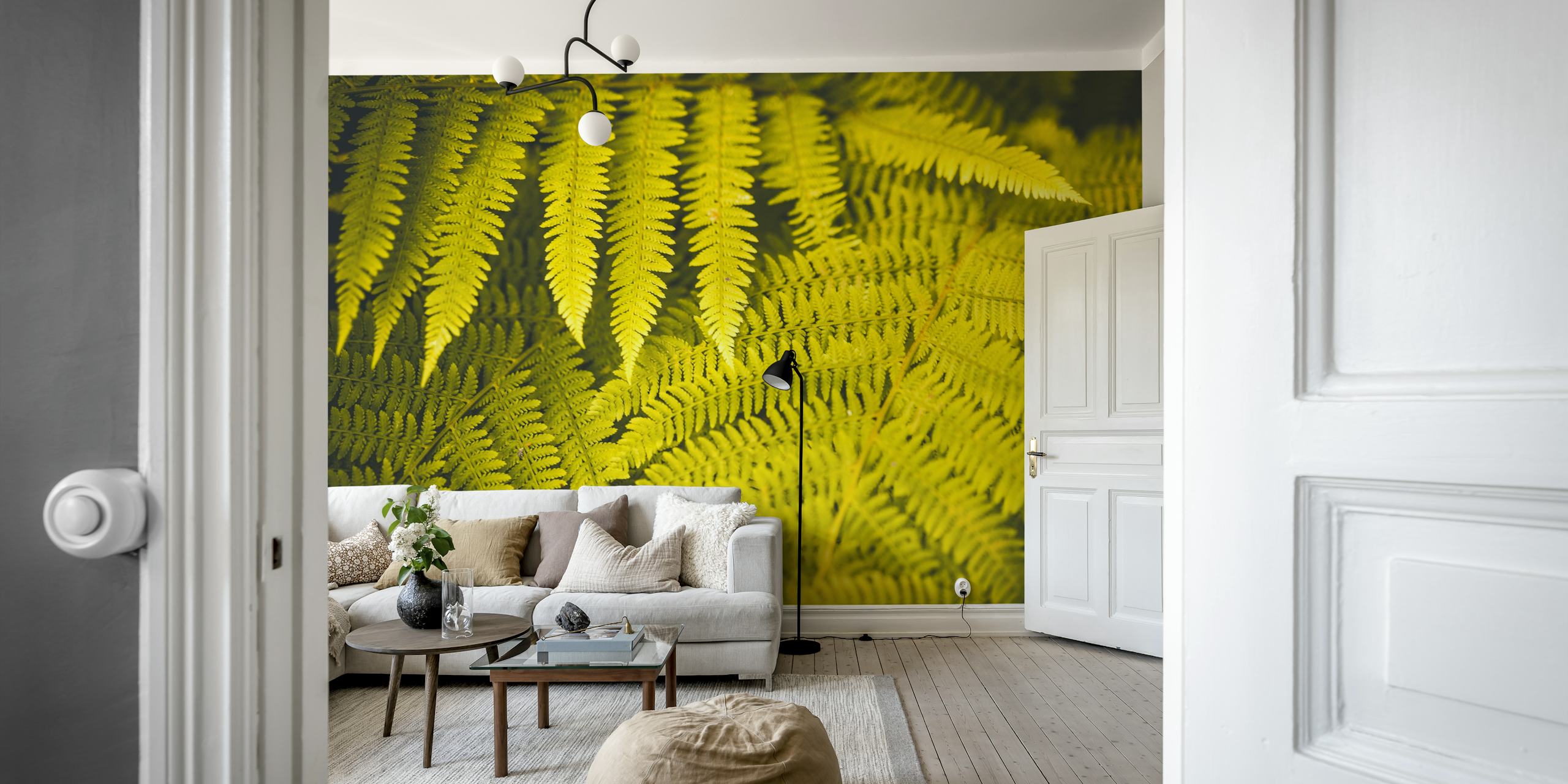 Golden fern foliage pattern in vibrant green wallpaper