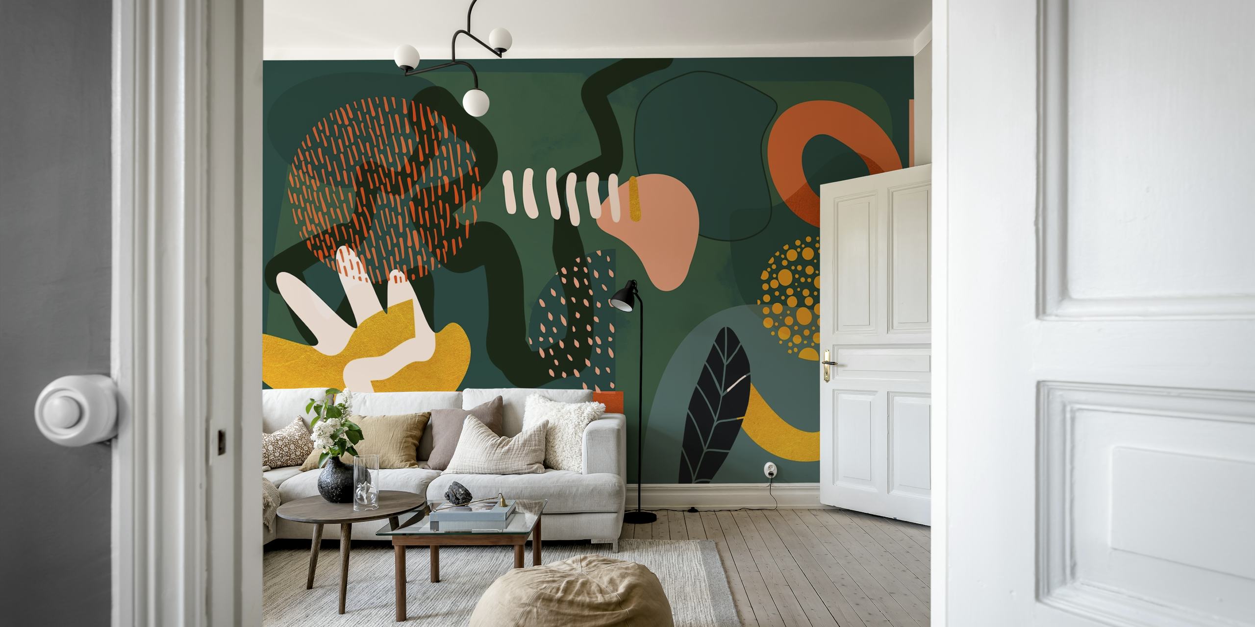 Abstract shapes in earthy tones of green, orange, and yellow wallpaper